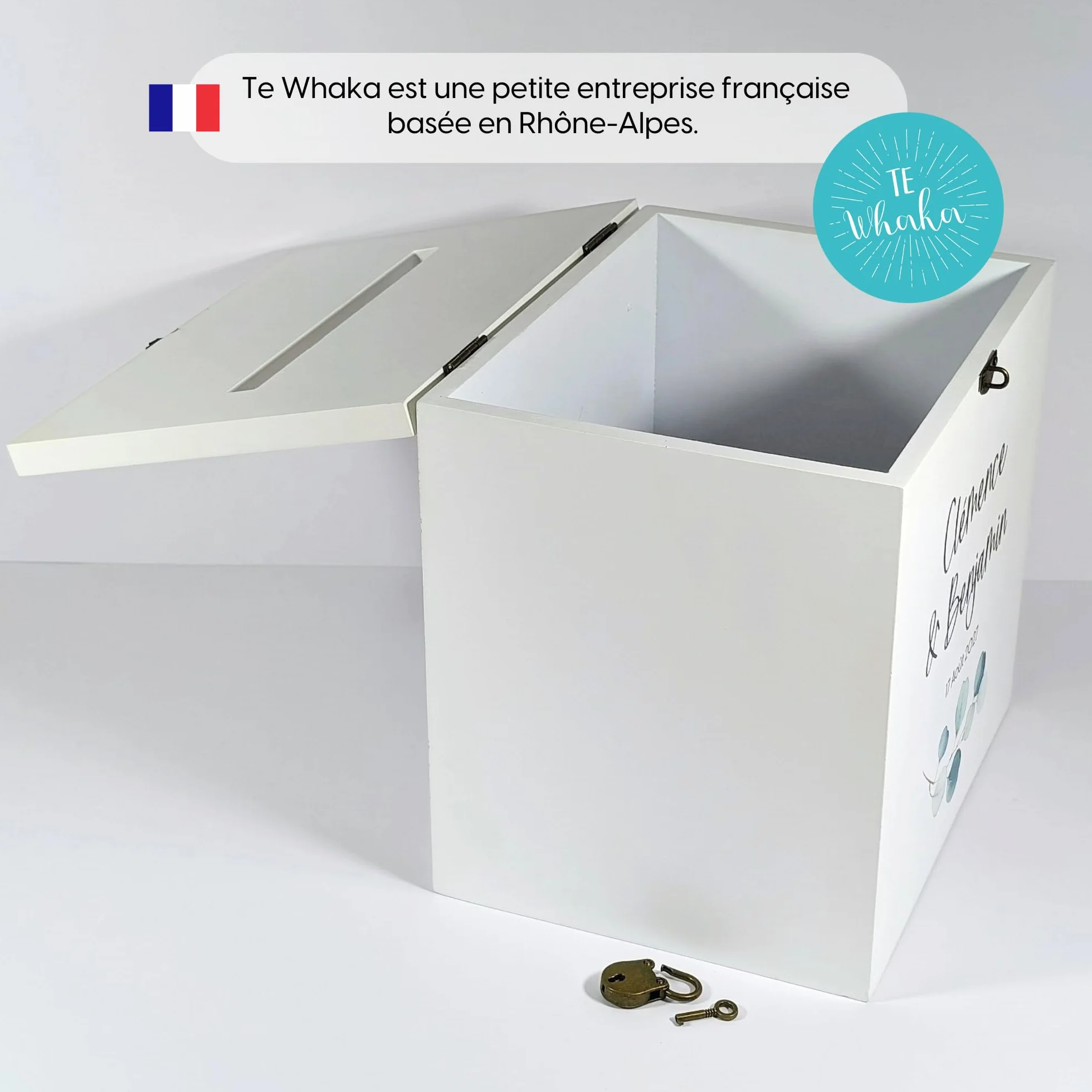 Urne Mariage personnalisée en Bois avec Cadenas 25x25x20 CM Blanche & Or Cagnotte