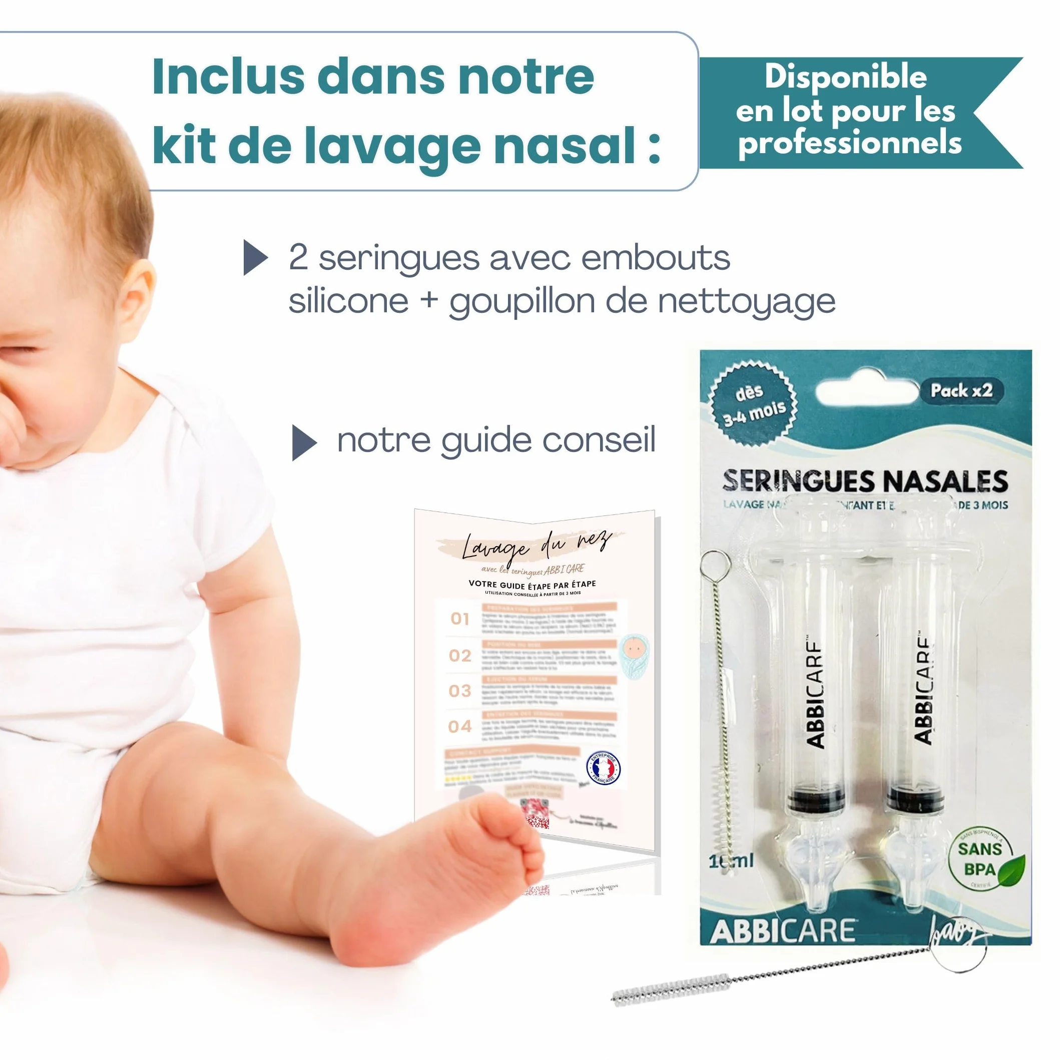 ABBICARE Mouche bébé seringue nasale 10ml Kit 2 seringues avec embouts silicone sans BPA CE