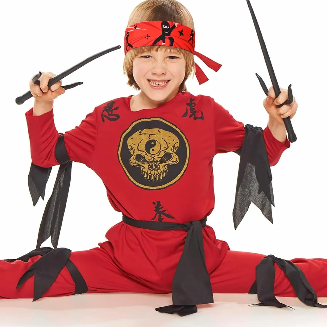 Lot de 4 bandeaux ninja noirs et rouges pour enfants - Accessoires de fête karaté anniversaire