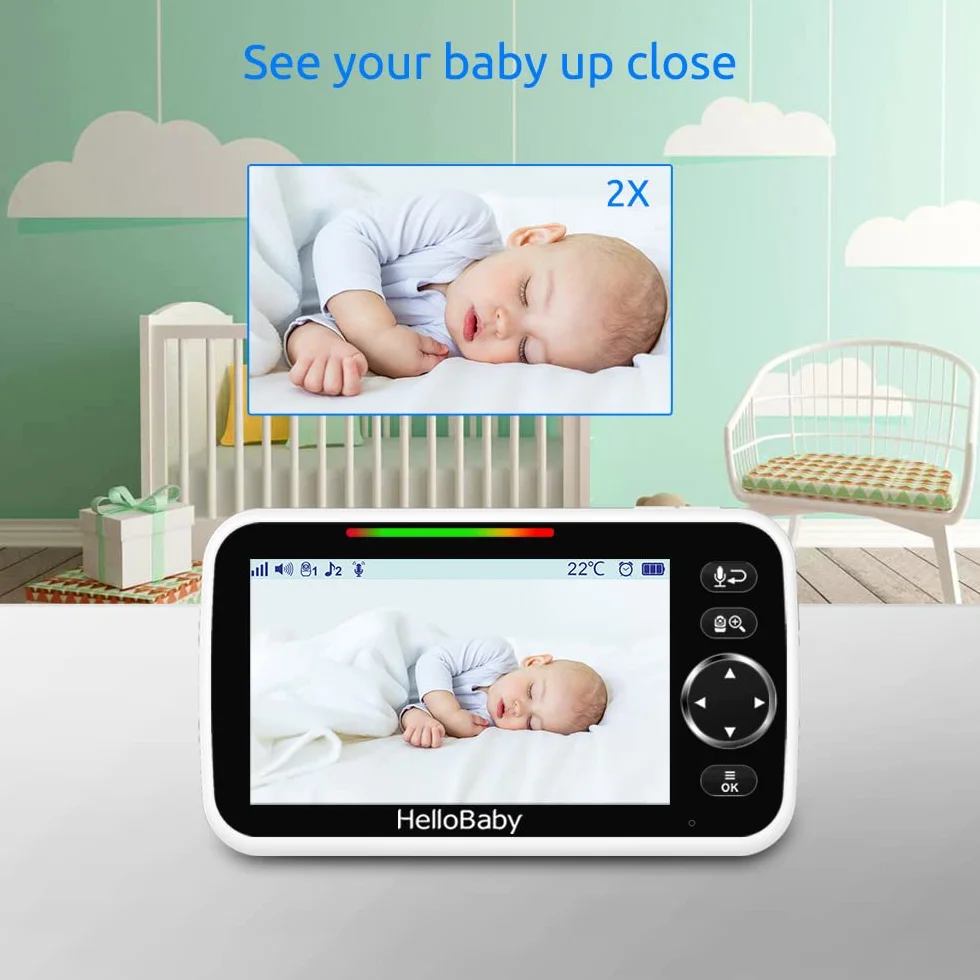 HelloBaby Moniteur bébé 12,7 cm Batterie 26 Heures 2 caméras Zoom Vidéo Audio Portée 304,8 m sans WiFi VOX Vision Nocturne Conversation bidirectionnelle 8 Langues