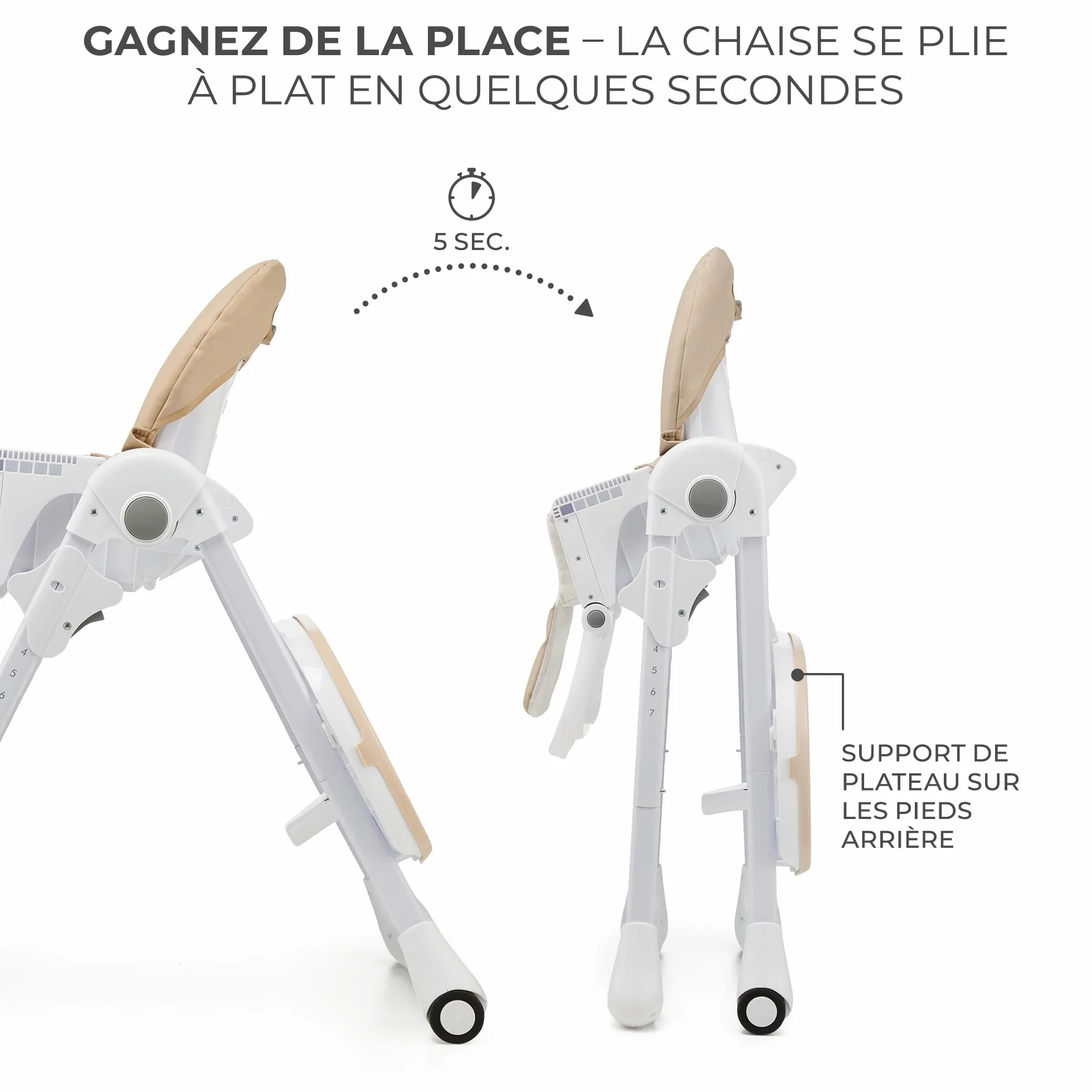 Kinderkraft TUMMIE Chaise Haute 2 en 1 Ergonomique Pliable avec Hauteur Réglable Beige