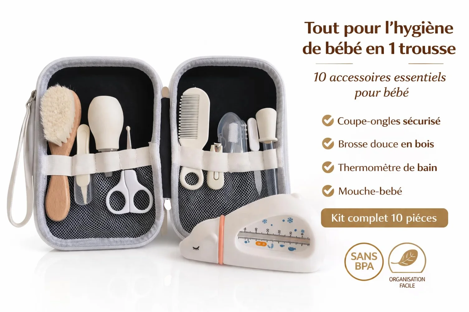 Trousse de Soin Bébé Kit Complet 10 Accessoires Sans BPA Brosse en Bois Coupe-Ongles Ciseaux Cadeau de Naissance