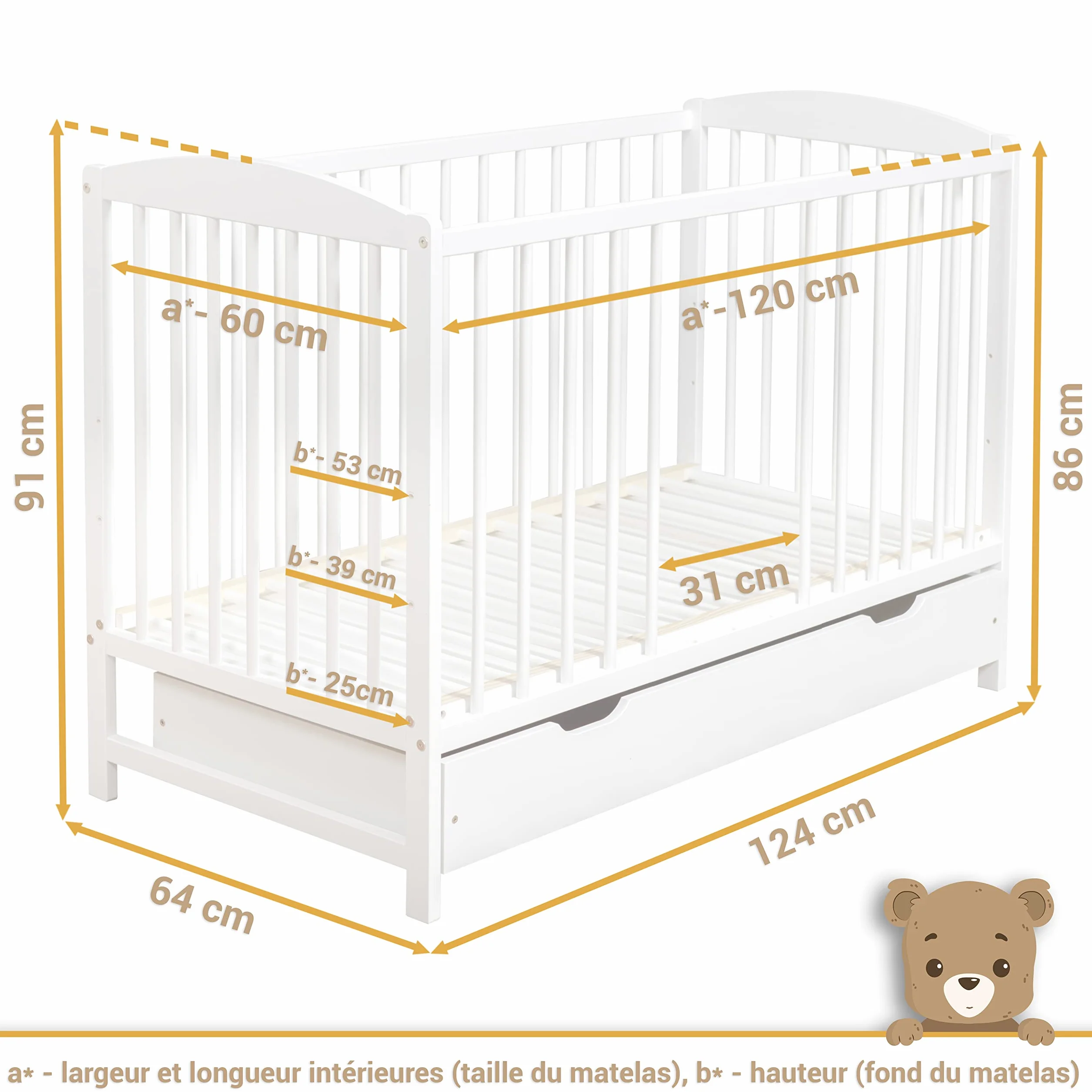Lit Bébé 60x120 cm avec Tiroir – Lit en Bois Réglable en Hauteur, Transformable en Lit Enfant Blanc