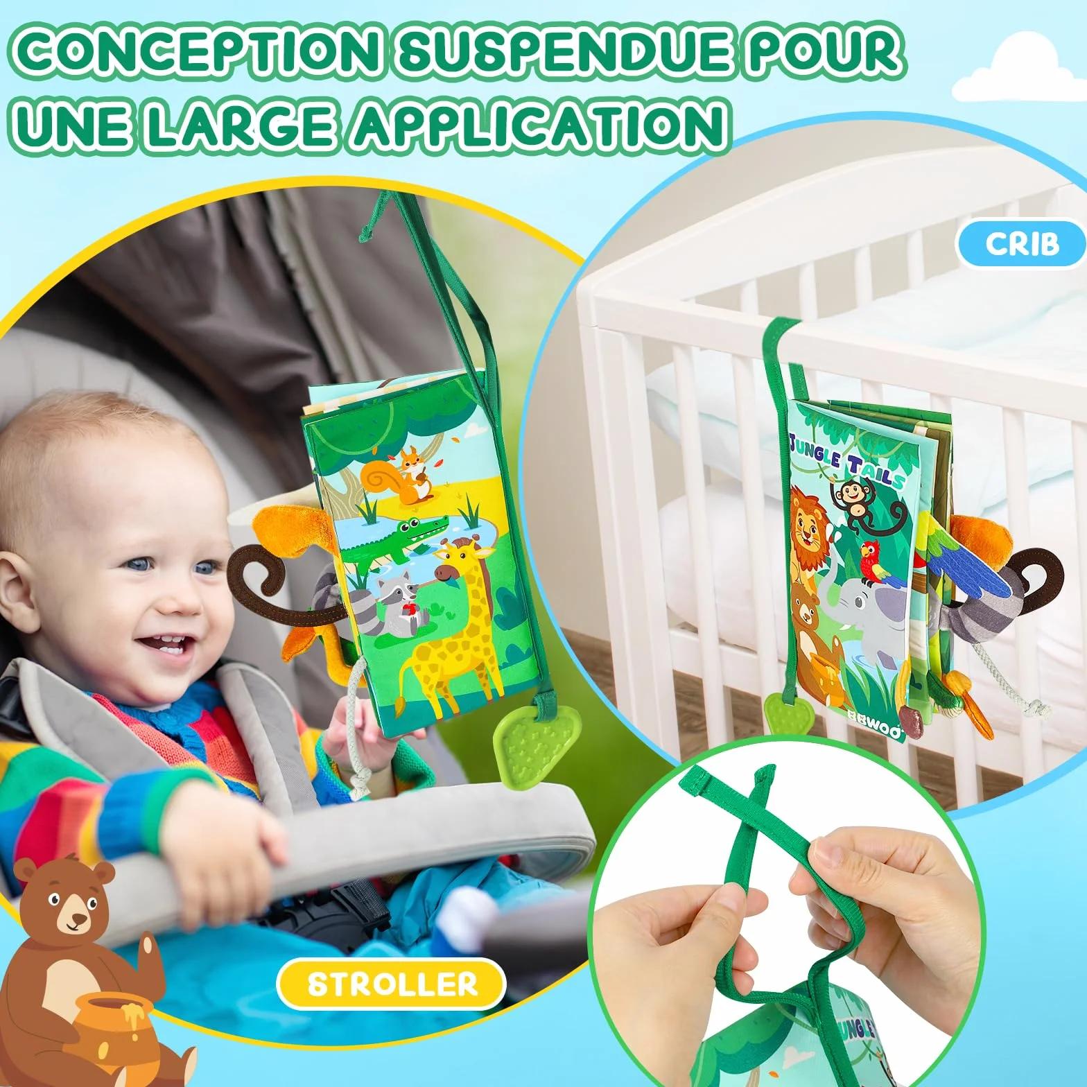 Livre bébé 0-12 Mois en Tissu Montessori Animaux 3D avec Anneau Dentition, Jouet d'éveil sensoriel Tummy Time Lavable