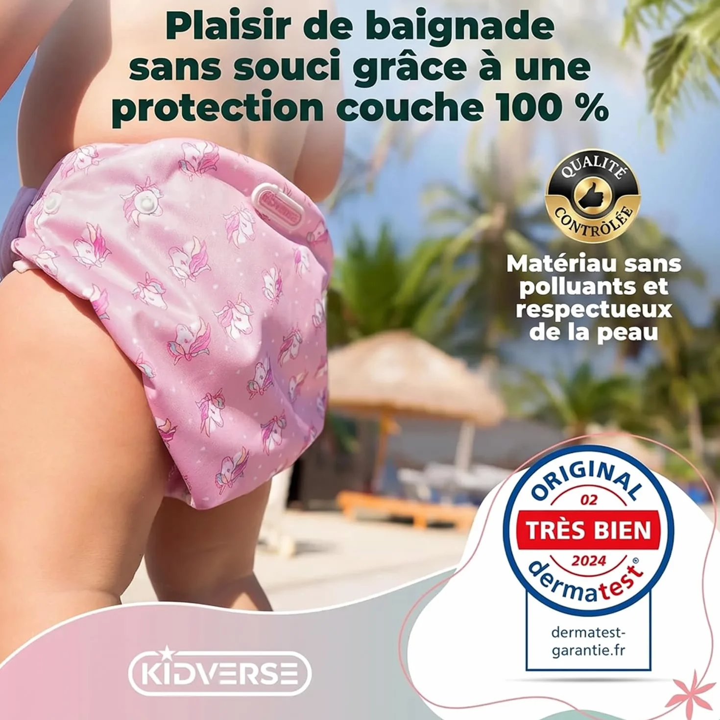 KIDVERSE Couche de Bain Bébé 0-3 Ans Réglable Réutilisable Lavable avec Pochette Fille Garçon