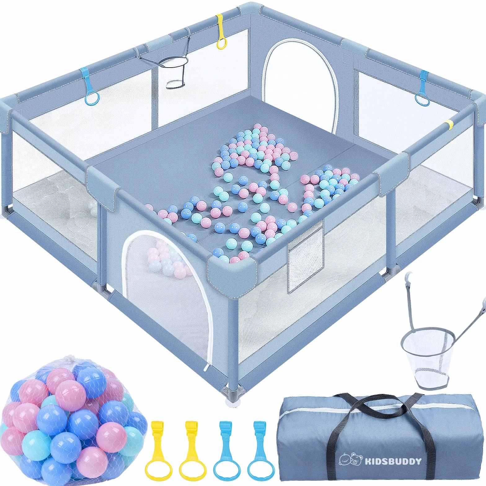 Verdego Parc Bebe 150x180x66cm Enfant avec 50 Boules Fosse 4 Anneaux Traction Mini Vannerie Tissu 210D Oxford Acier Inoxydable Jeu Sécurisé Gris Clair