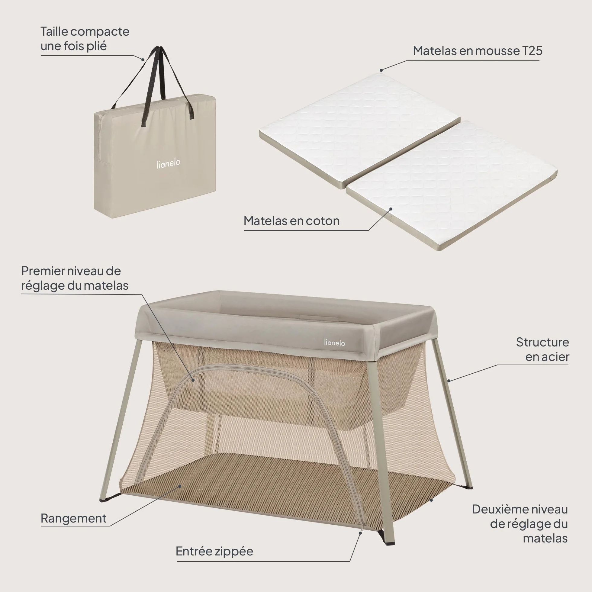 Lionelo Lit de Voyage Bébé Parc Enfant 3en1 Alice 0-15 kg Matelas Mousse 2 Niveaux Hauteur Pliable Léger Entrée Latérale Sac Voyage Beige