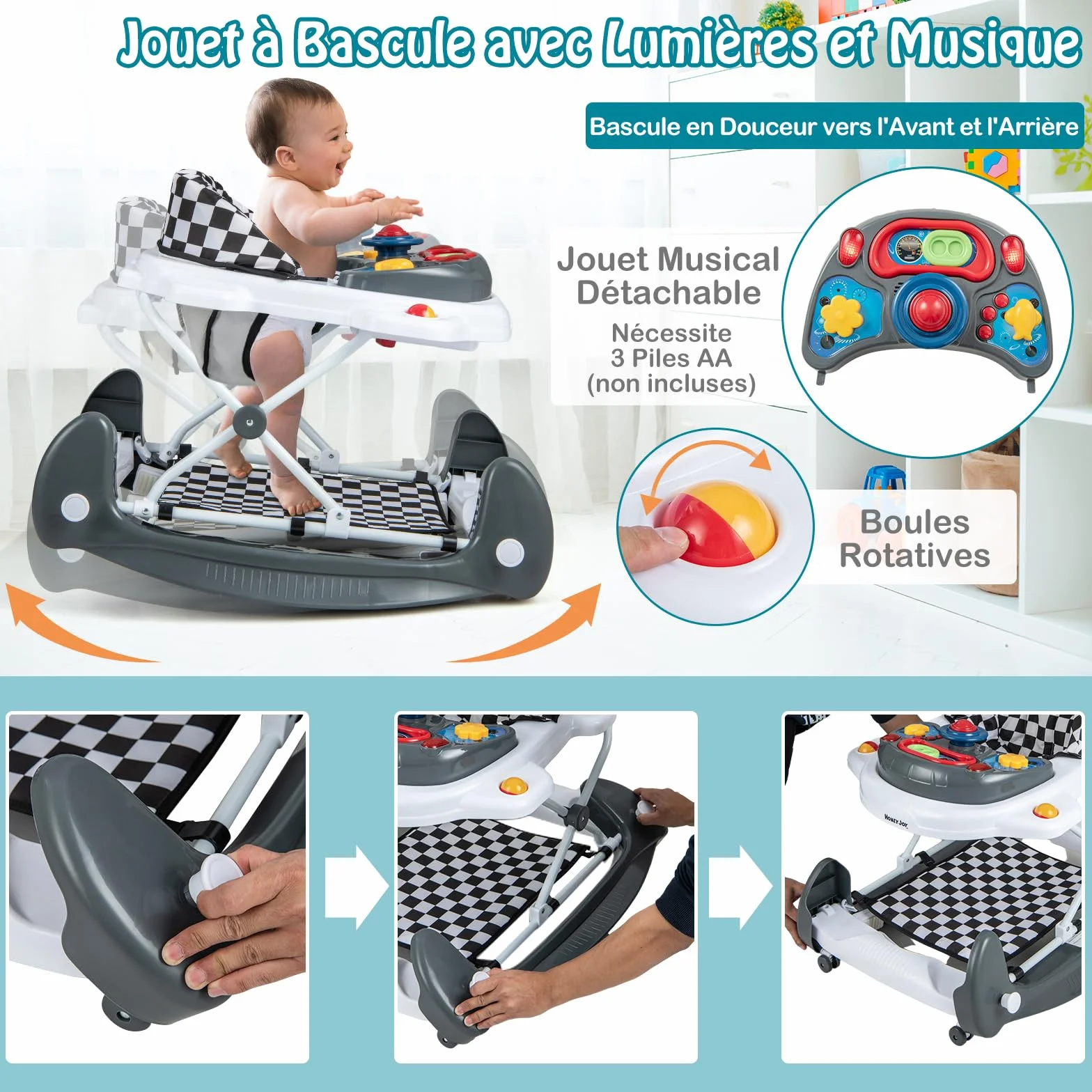 GOPLUS Trotteur Bébé Évolutif 6 en 1, Pliable avec 3 Hauteurs Réglables, Lumières, Musique, Charge 12KG, pour 6+ Mois, Gris