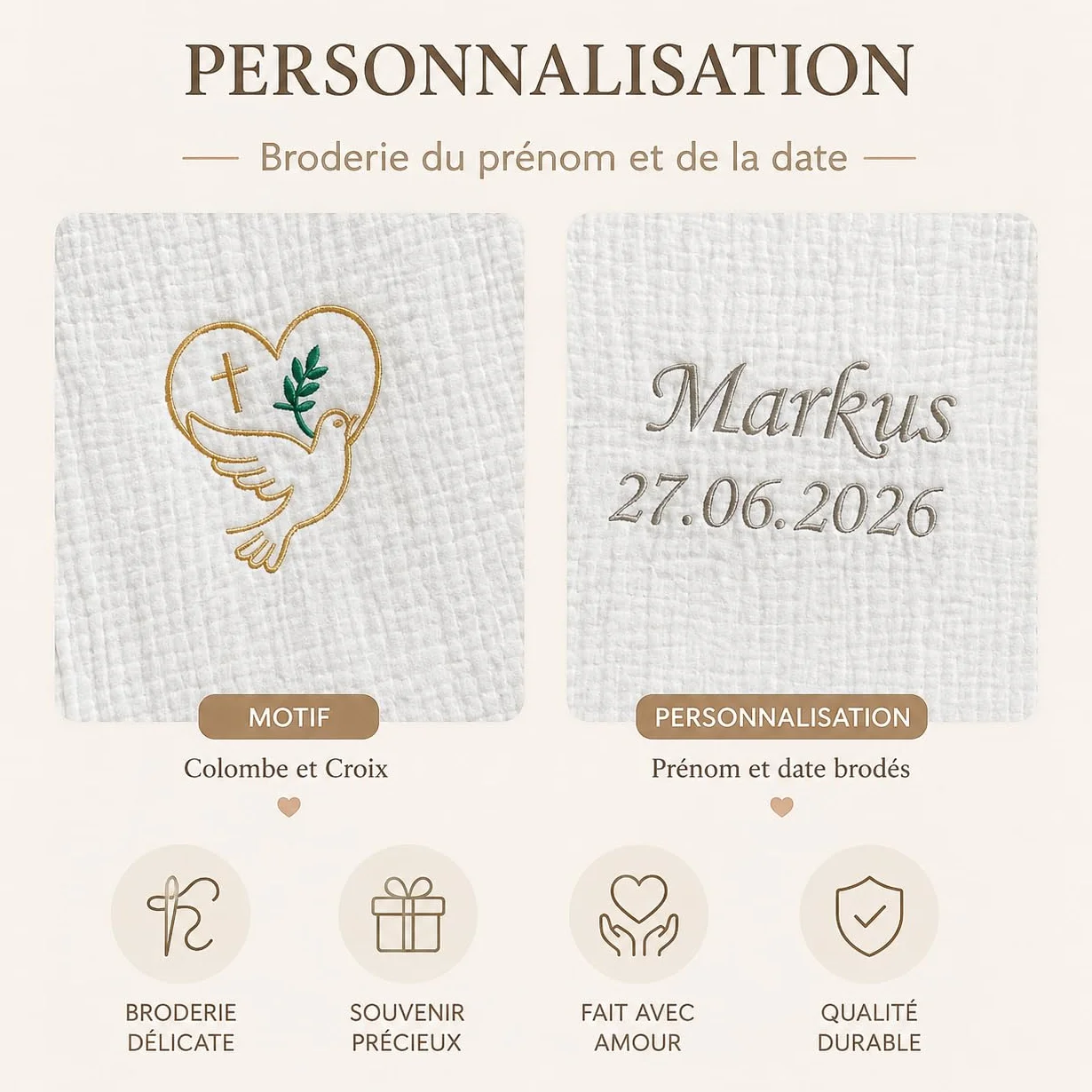 Écharpe de Baptême Personnalisée Bébé avec Broderie Prénom et Date – Double Gaze de Coton – Cadeau Baptême Garçon Fille