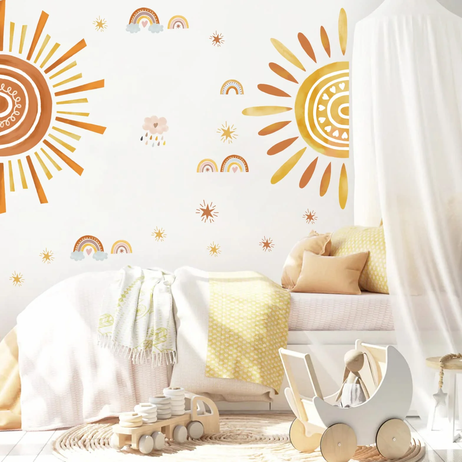 Autocollants Muraux Enfants Arc en Ciel Soleil Étoile Boho pour Chambre Bébé