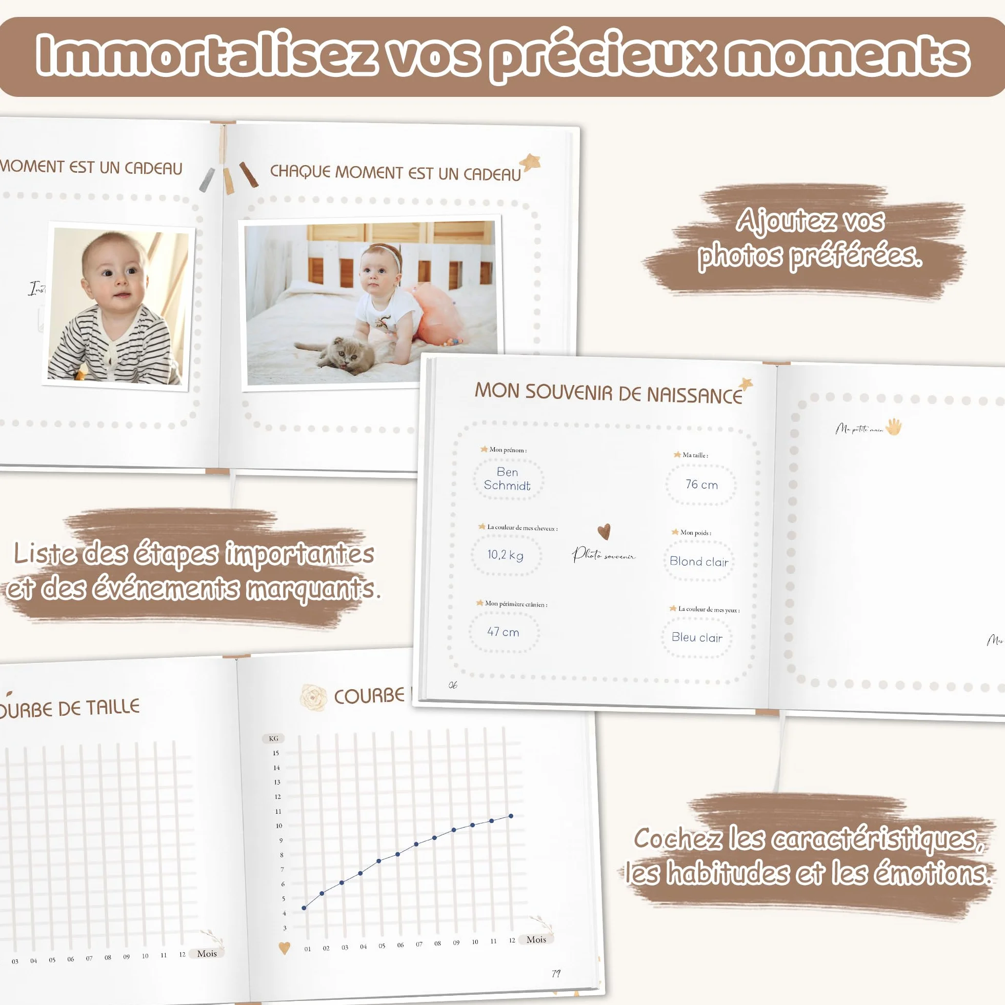 Hyggartn Livre de Naissance Album Photo Bébé 84 Pages Autocollants Journal Photos Textes Cadeau Baptême Fille Garçon