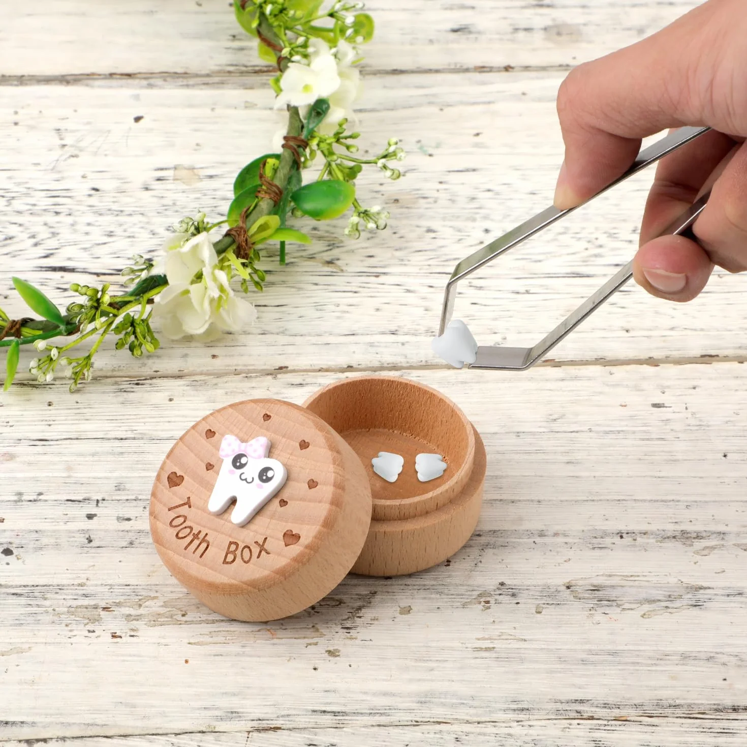 Boîte de Rangement de Dents Sculptées en 3D Bois, Support Souvenirs pour Enfants Cadeau (Filles)