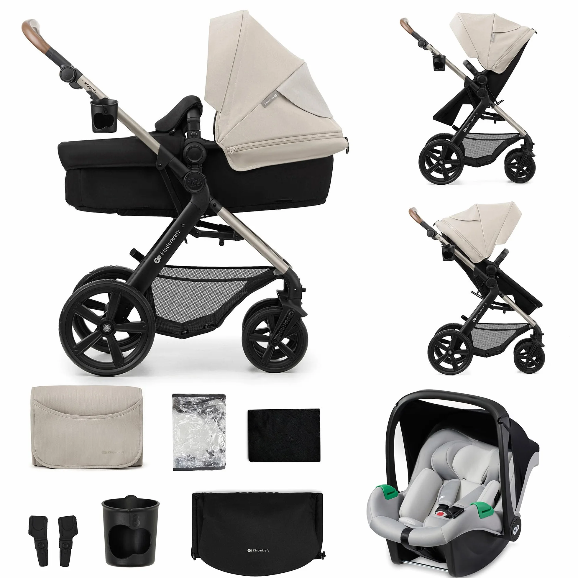Kinderkraft MOOV 2 Poussette 3 en 1 Travel System avec nacelle 2-en-1 siège auto i-Size Gris