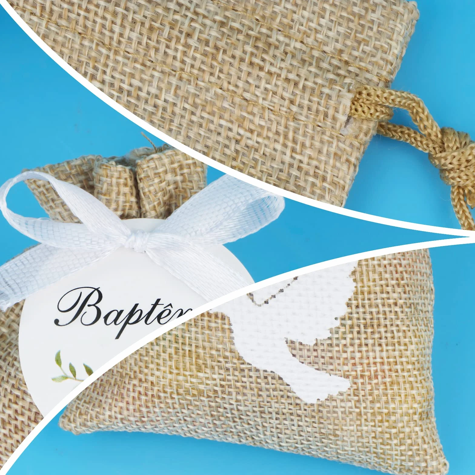 Sachet Jute Baptême Pochette Dragée Motif Colombe 10x8cm Cadeau Invité Décoration