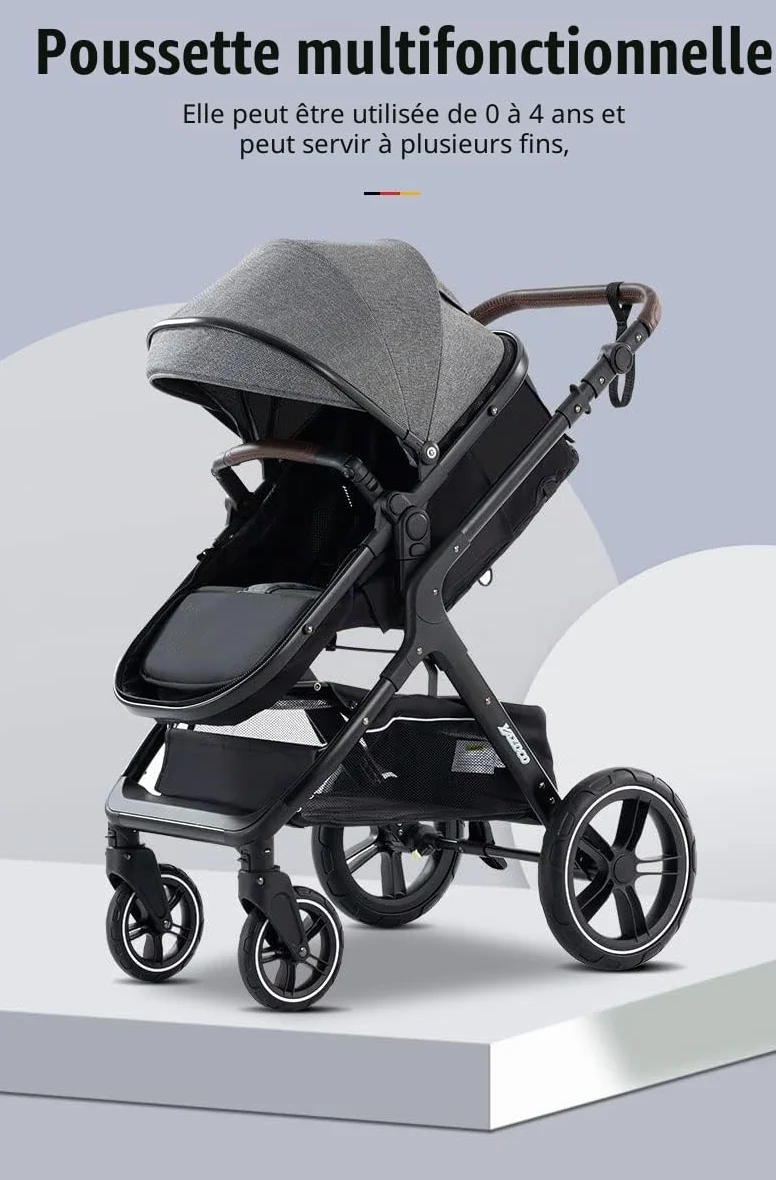 Poussette 3 en 1 Citadine Combinée Tricycle Baby Walker Haute Paysage Pliante Trolley Bébé Landau 0-36 Mois Kaki