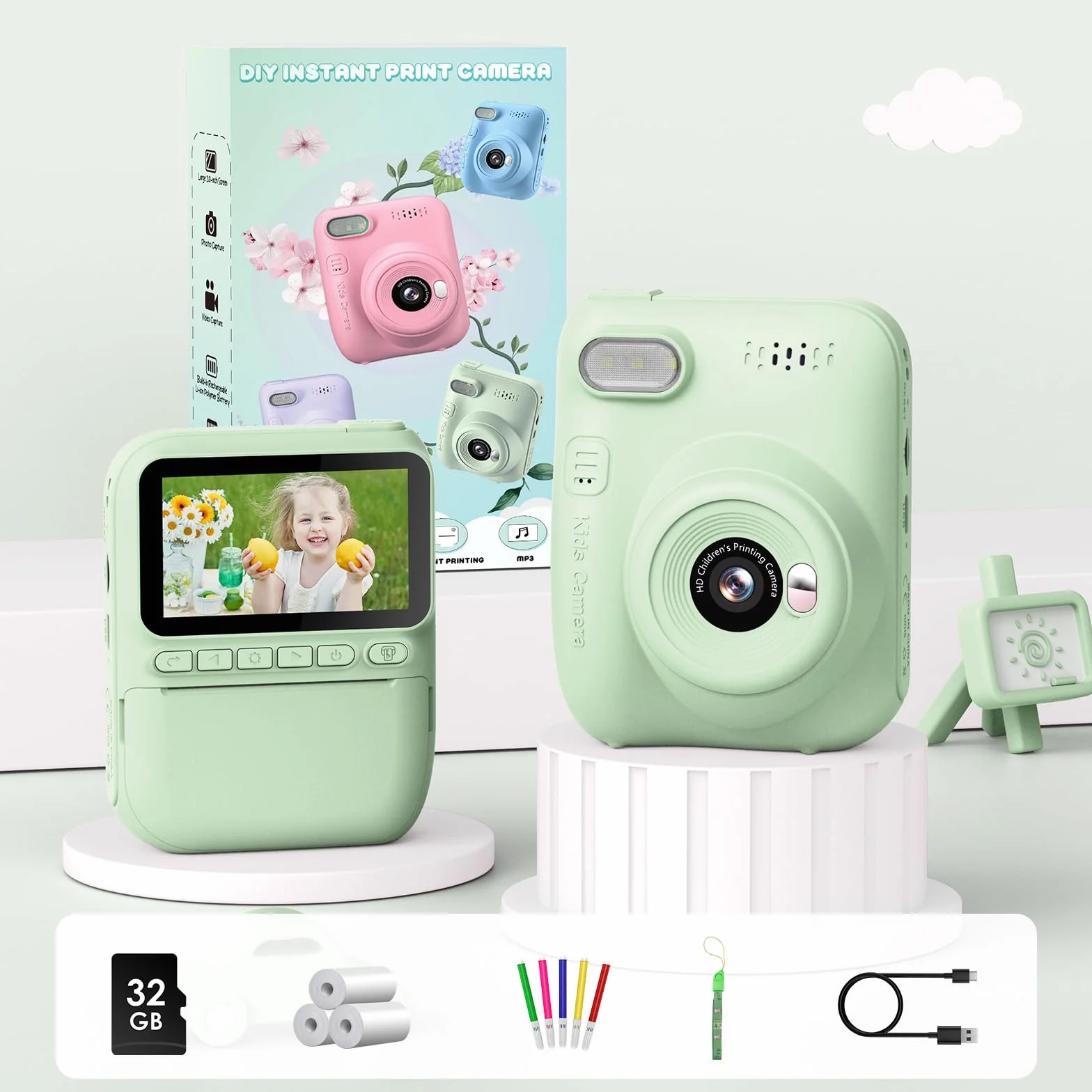 GREENKINDER Appareil Photo Instantané Enfant 3.0" Grand Écran 14 MP avec Carte 32 Go & Papier d'impression