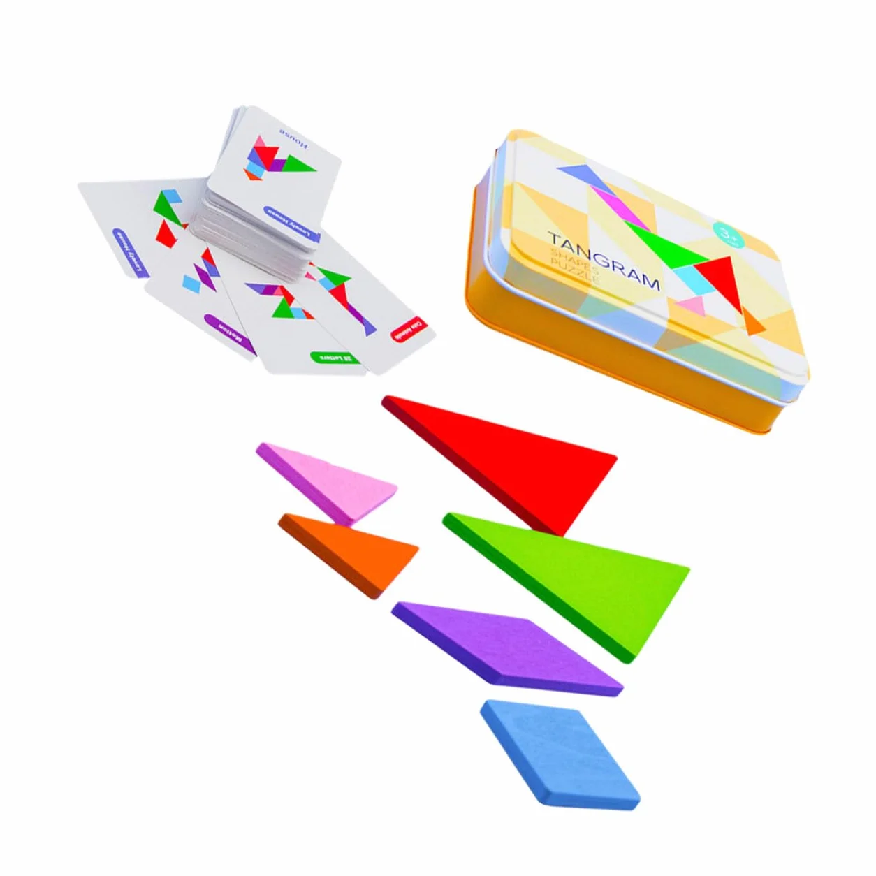 Jeu de Puzzle Tangram en Bois Éducatif pour Enfants, Coffret en Fer avec Cartes, Apprentissage Géométrie