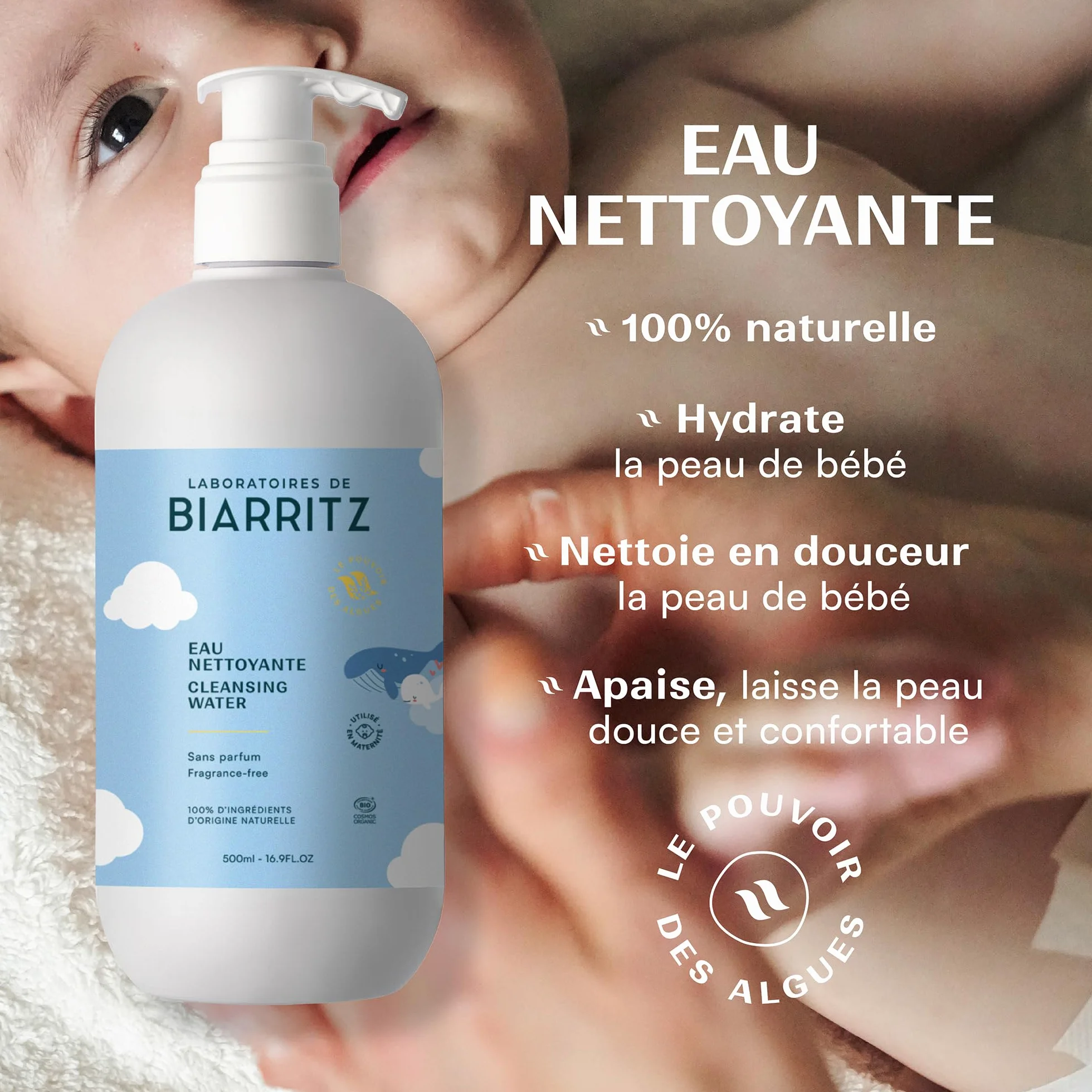 Laboratoires de Biarritz Eau Nettoyante Micellaire Bébé Certifiée Bio 500 ml Fabriquée en France