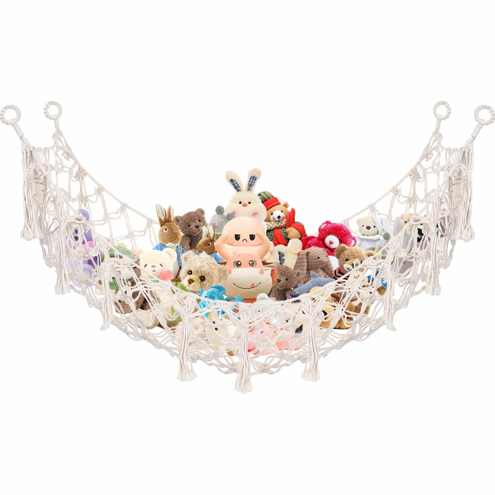 Hamac Carré en Macramé Bohème pour Animaux en Peluche, Filet de Rangement Mural en Coton, Blanc