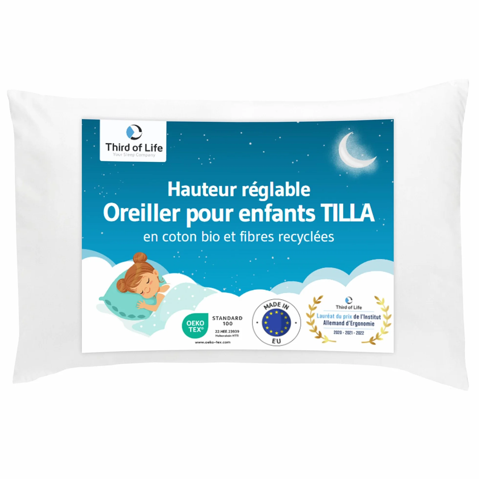 Oreiller pour Enfant 40x60 Oeko-TEX® Hauteur réglable Coussin Durable Housse en Coton Bio Lavable en Machine