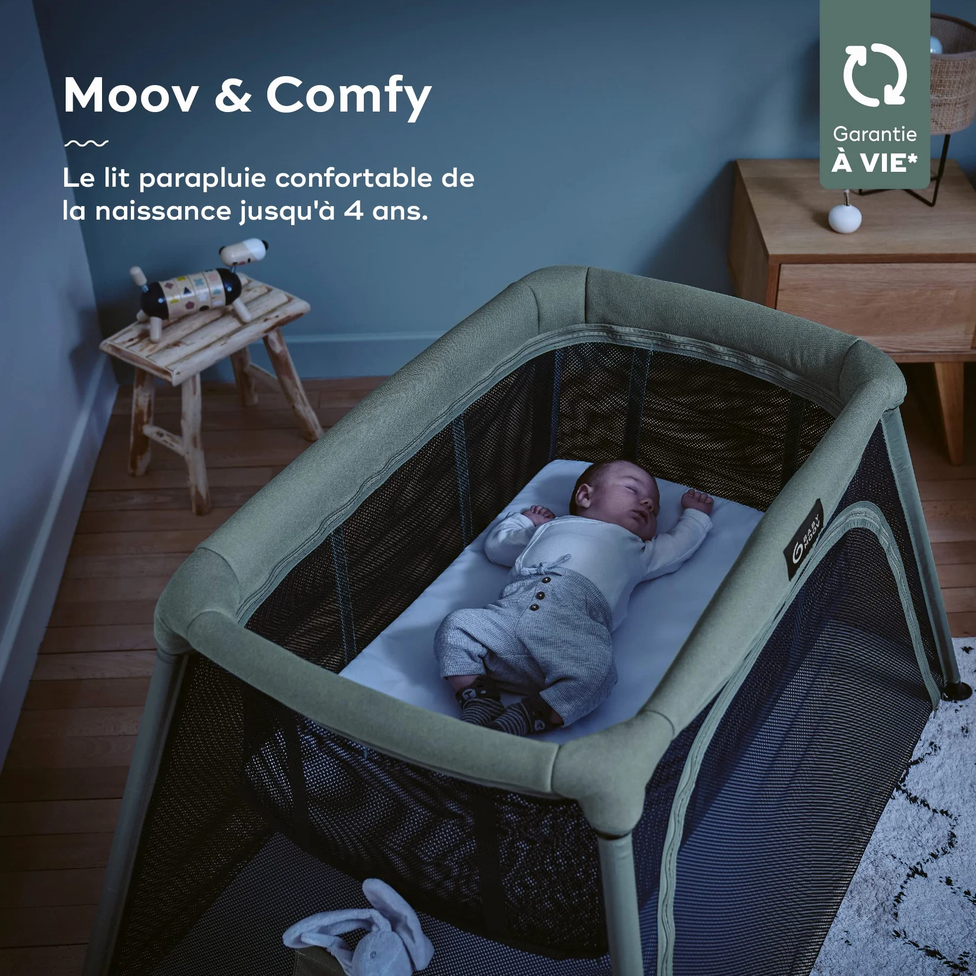 Babymoov Lit parapluie 3-en-1 Moov and Comfy Berceau grand Lit d'appoint Aire de jeux dès la Naissance jusqu'à 4 ans