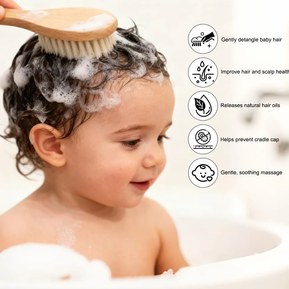 Beugo Brosse Cheveux Bébé 2 Pièce Brosse à Cheveux Poils de Chèvre Silicone Massage Nouveau-né Rose