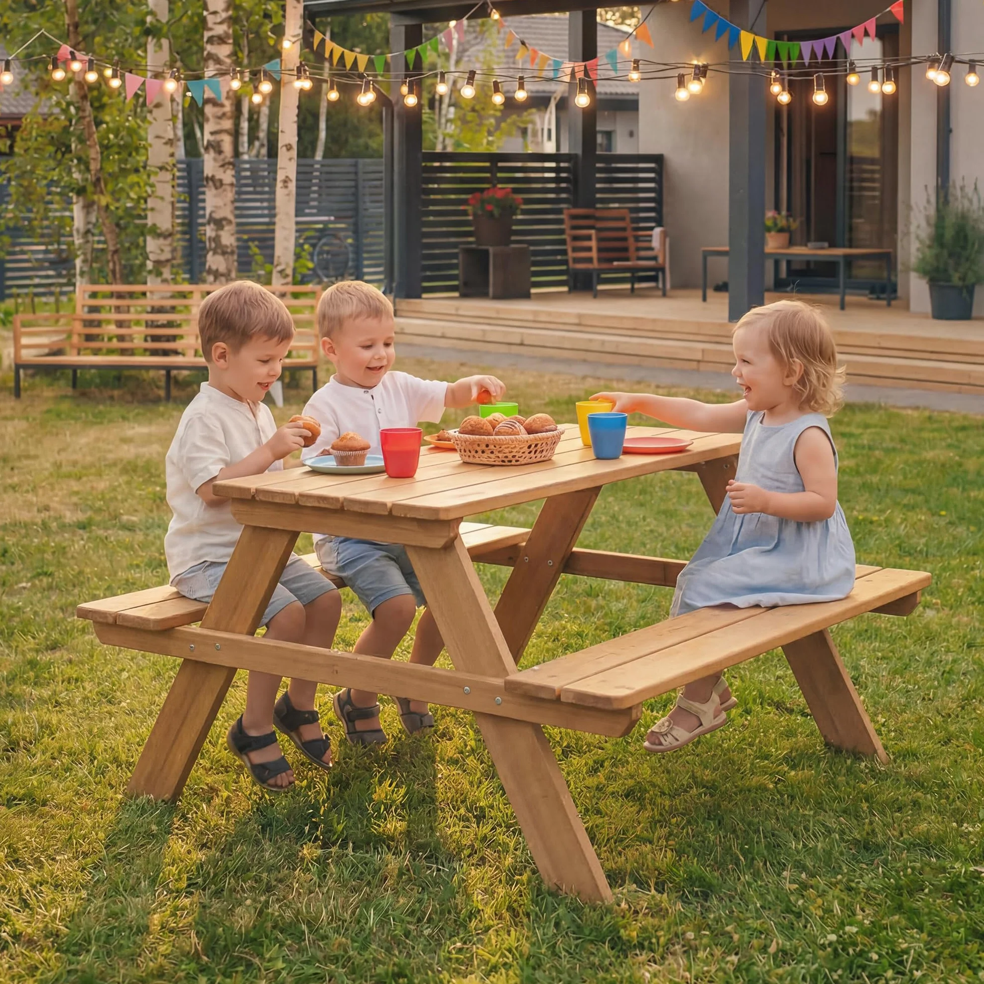 Ensemble de Table et Bancs Picnic Bois Massif Résistant aux Intempéries 4 Places 89 x 85 cm 100 Kg Teinté Teck