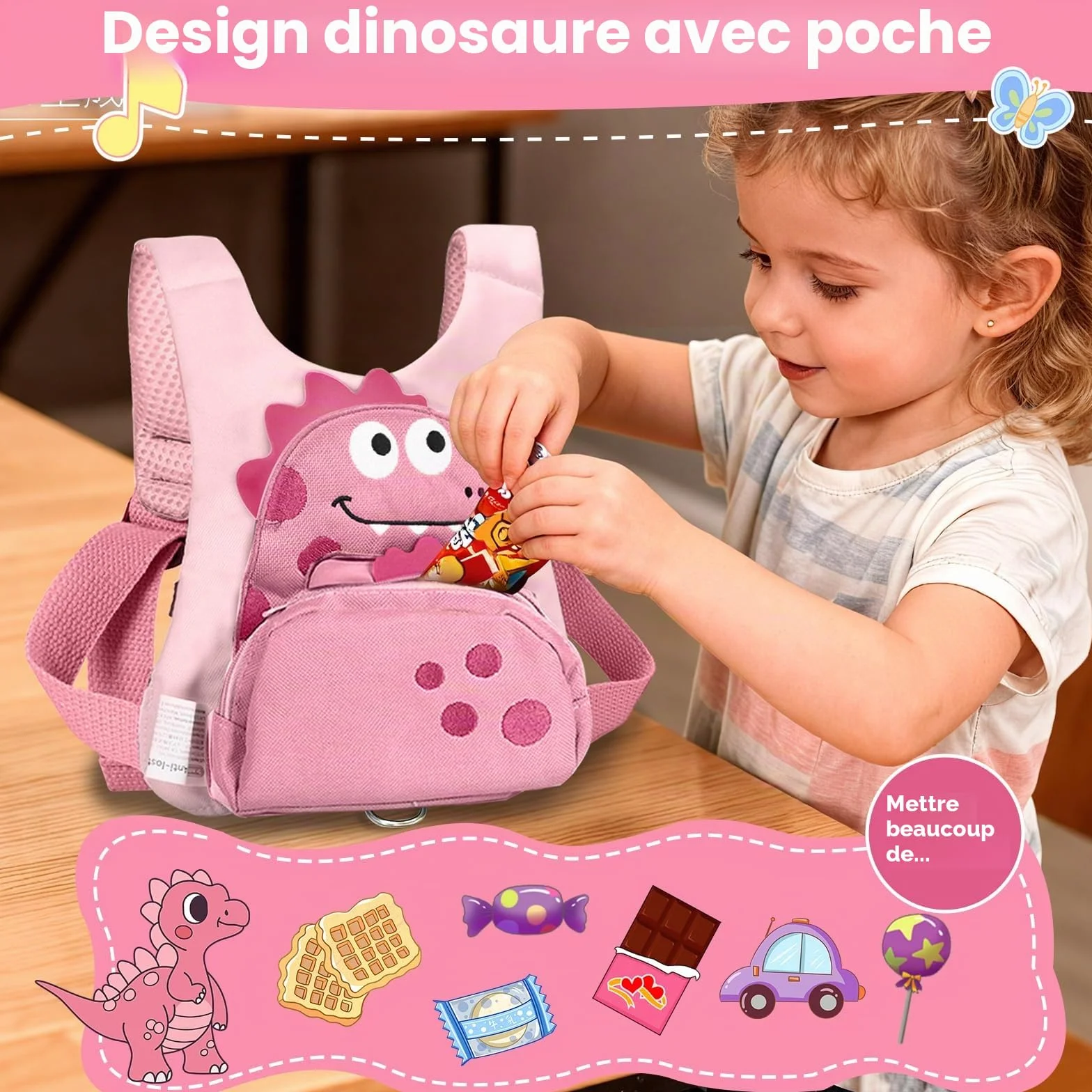 Dr.meter Laisse Enfant 3 en 1 Sac à Dos Anti-Perte Rotative 360° 1,2M Rose Dinosaure Sécurité Extérieur