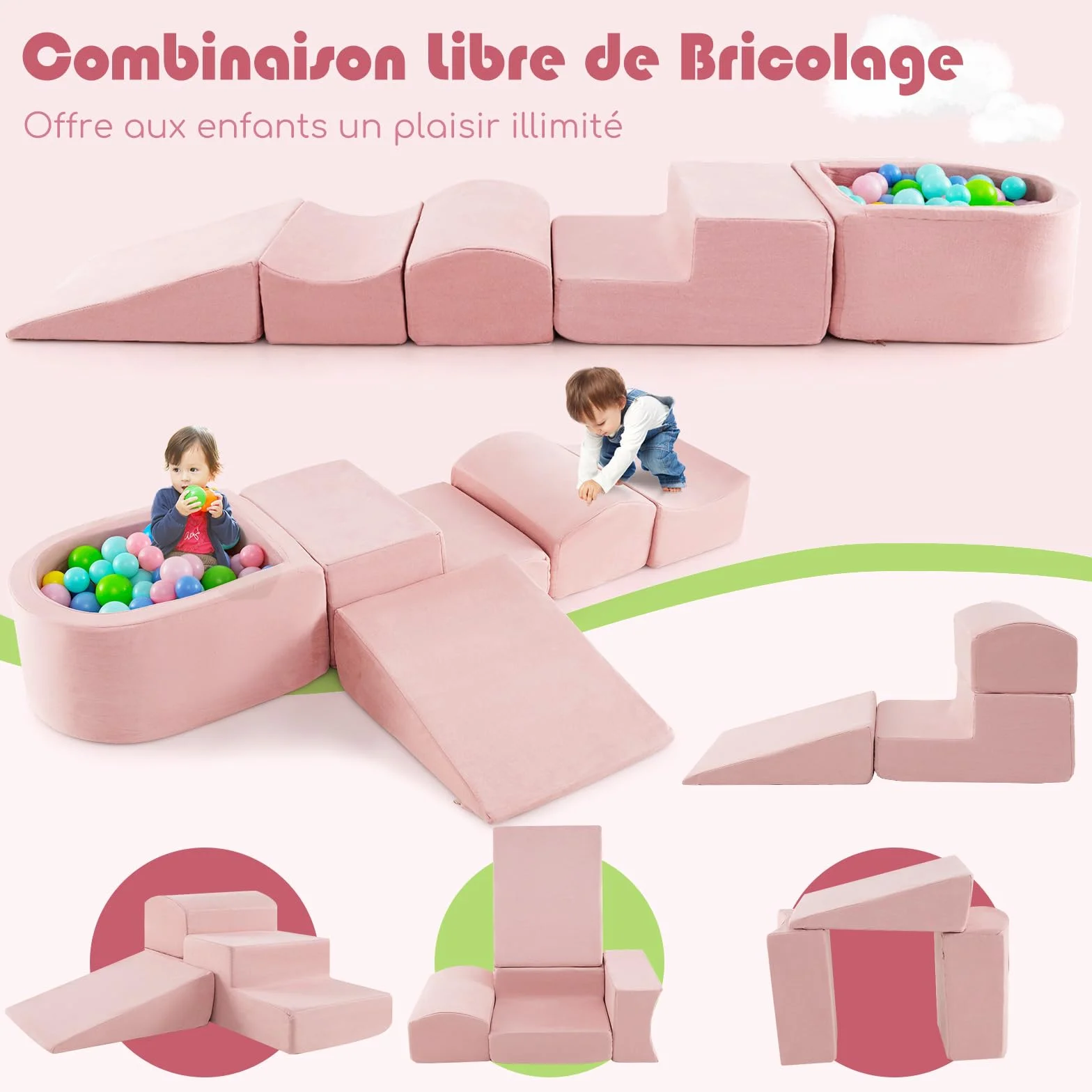 DREAMADE Parcours de motricité Bébé 5PCS avec Housse Lavable, Blocs de Construction avec Piscine à Balles, pour Enfant 3+ Ans (Rose)