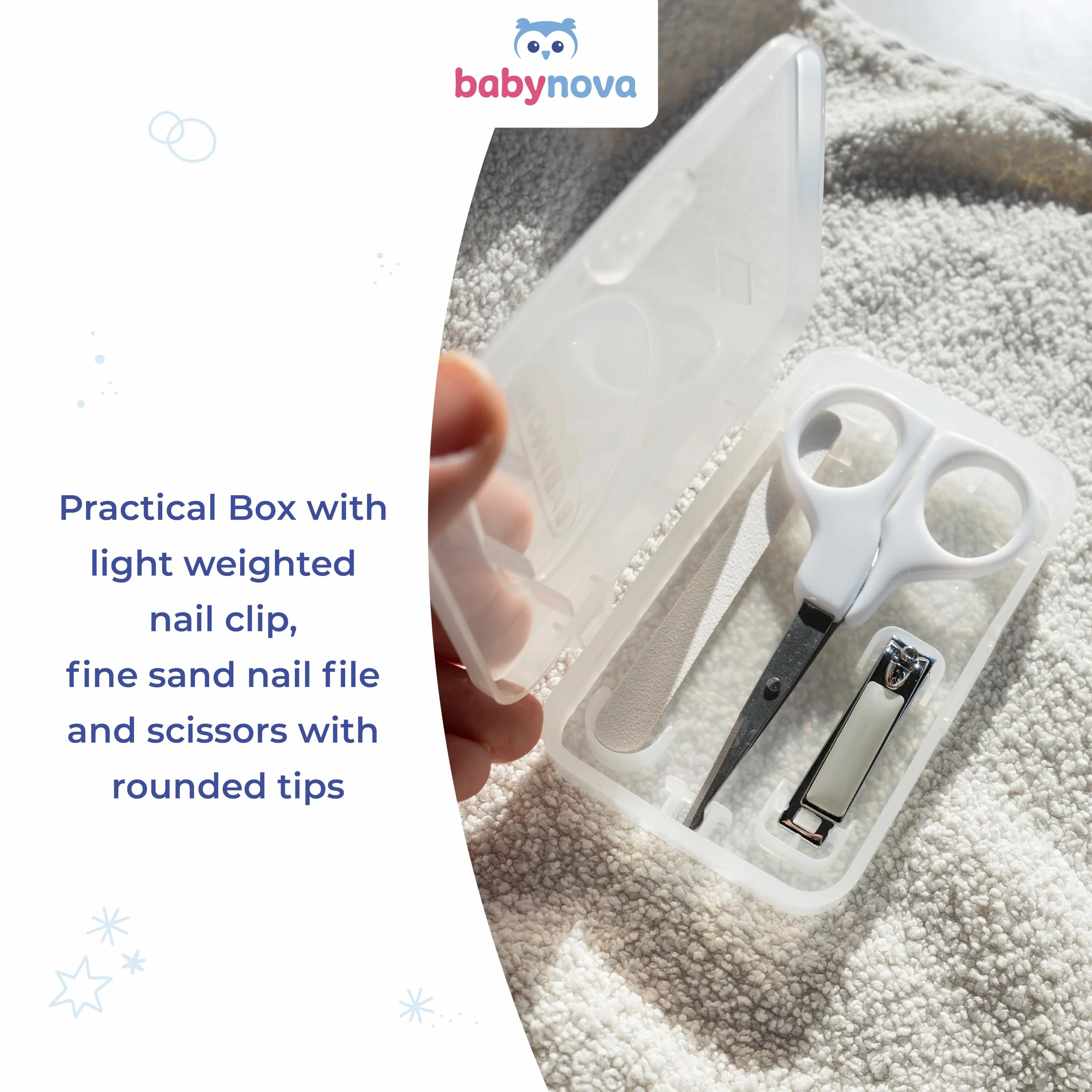 Babynova Set Manucure Bébés – Kit Soin Ongles Sûr avec Ciseaux Pointe Arrondie, Coupe-Ongles & Lime – Boîte Rangement Voyage Usage Quotidien Sans BPA