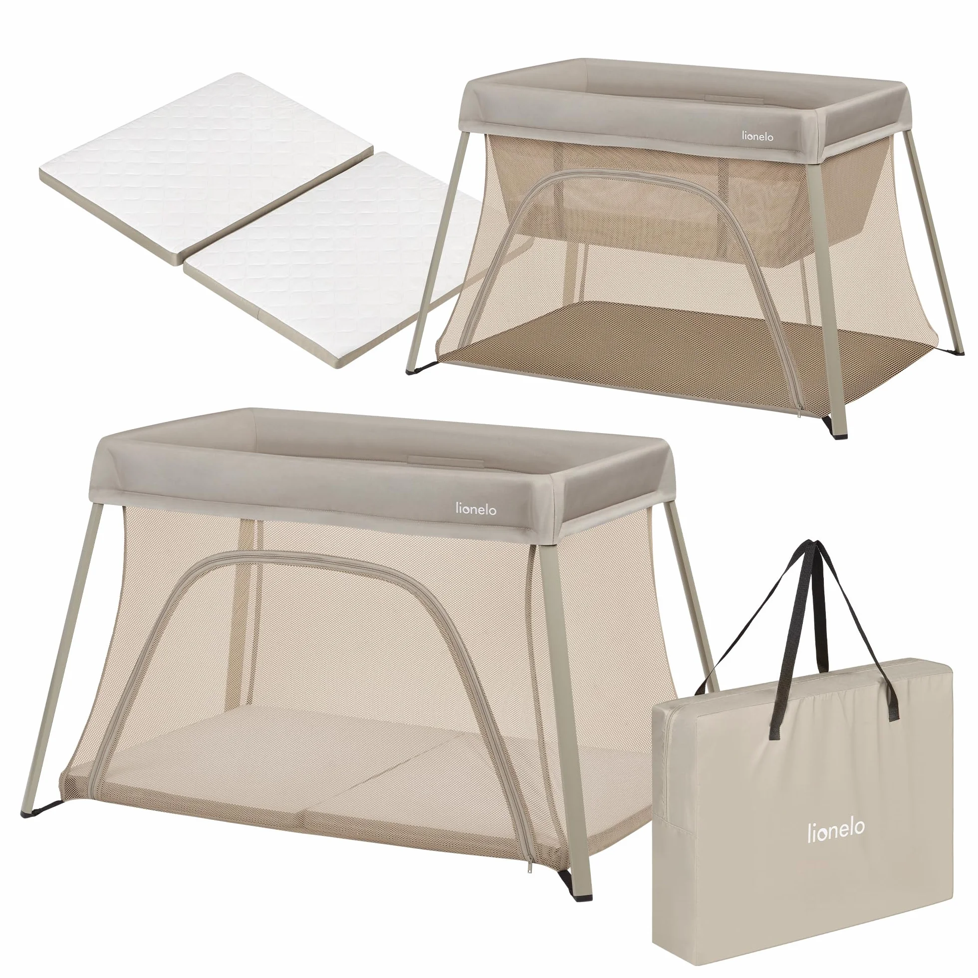 Lionelo Lit de Voyage Bébé Parc Enfant 3en1 Alice 0-15 kg Matelas Mousse 2 Niveaux Hauteur Pliable Léger Entrée Latérale Sac Voyage Beige
