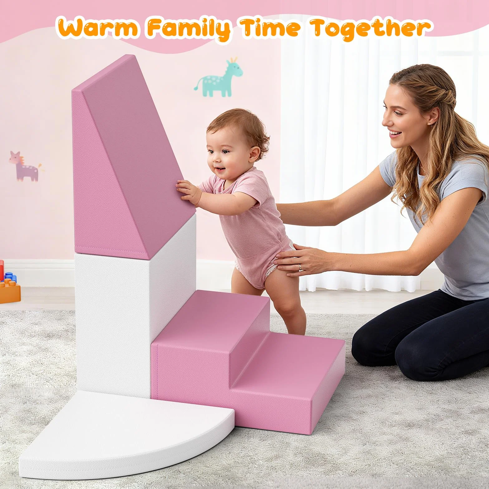 Blocs de construction en mousse pour enfants, grands blocs souples antidérapants, escalade bébé intérieur, rose et blanc