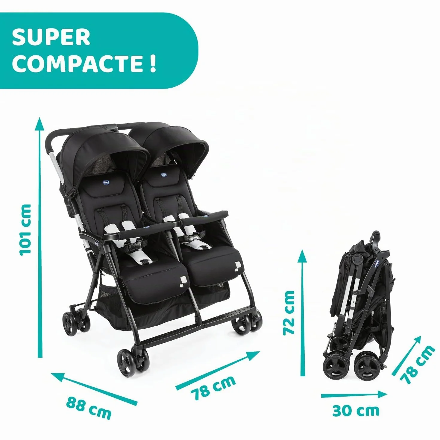 Chicco OHlalà Poussette Double Tandem Légère Pliable Jumeaux 15 kg Noir