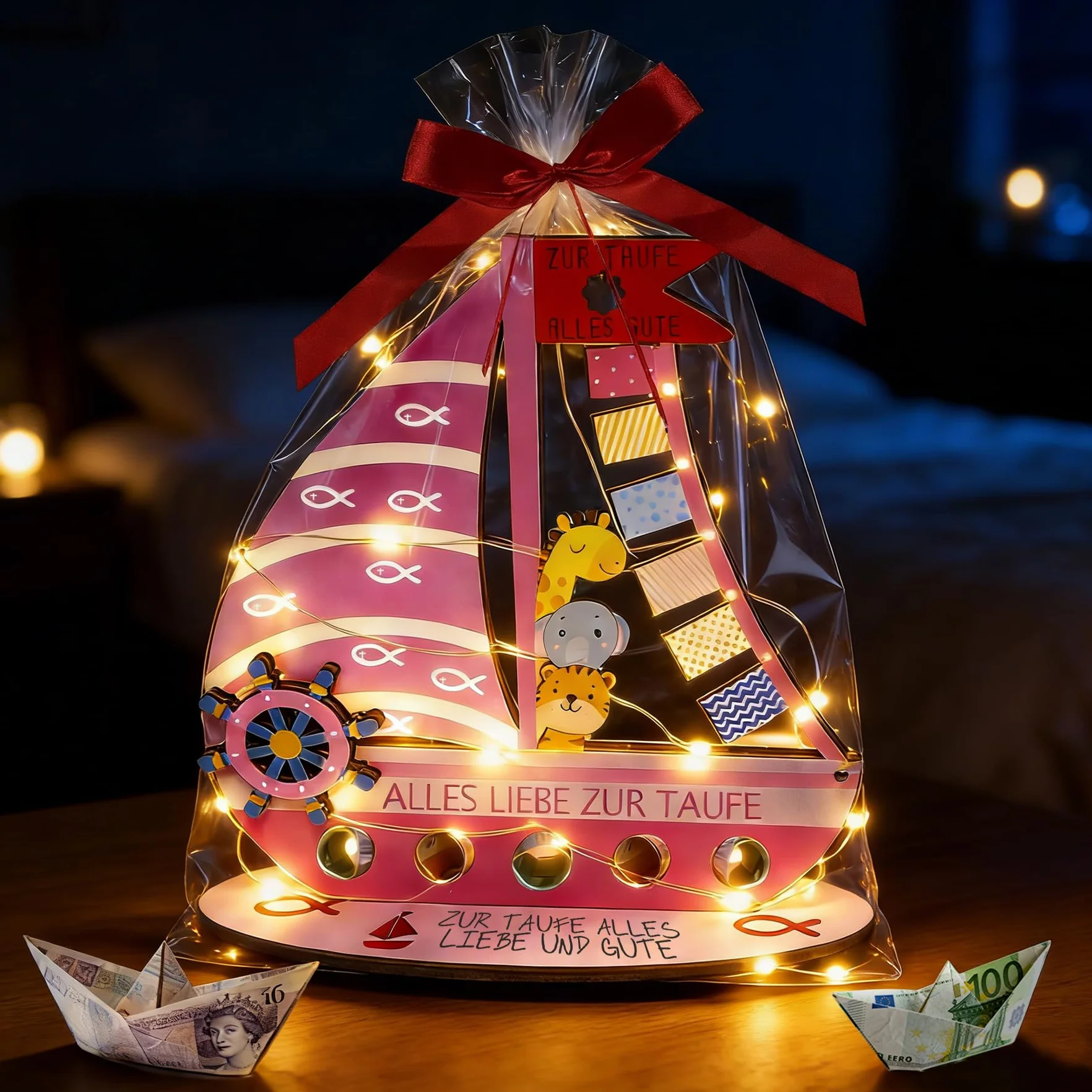 VEEKAY Cadeau en Bois Arche de Noé avec Bande LED pour Baptême Naissance Communion Anniversaire