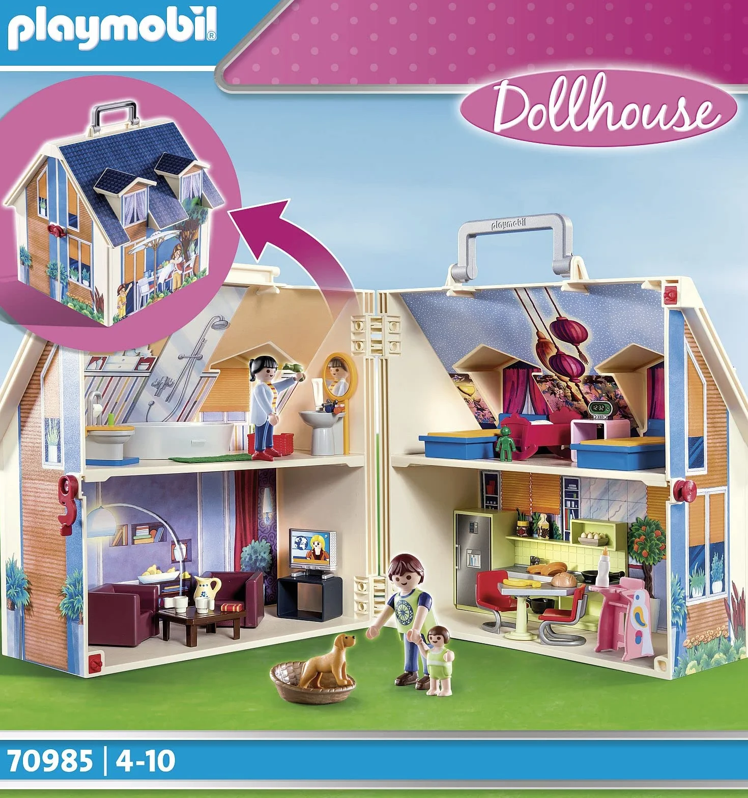 Playmobil 70985 Maison Transportable - Dollhouse avec Trois Personnages, Salle de Bains, Chambre, Salon et Cuisine - Dès 5 Ans