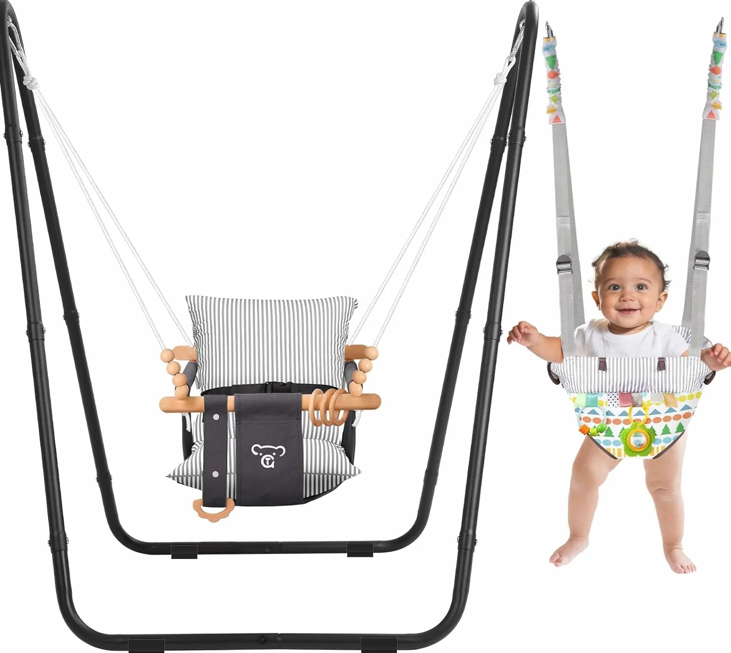 Balançoire 2 en 1 pour bébé avec ceinture de sécurité 5 points, intérieur et extérieur