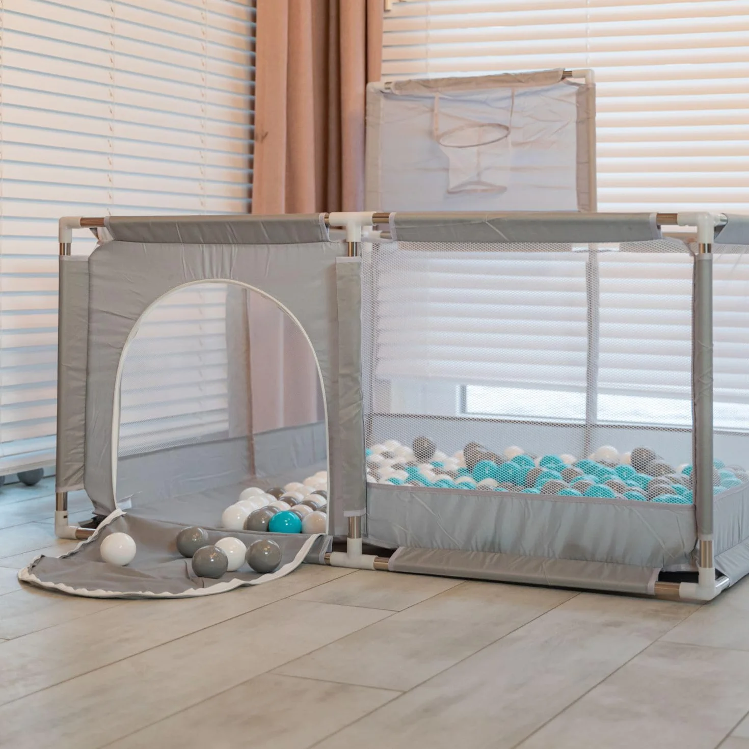 Selonis Parc Bébé Pliable avec 100 Balles Plastiques Aire de Jeu Basket, Bleu