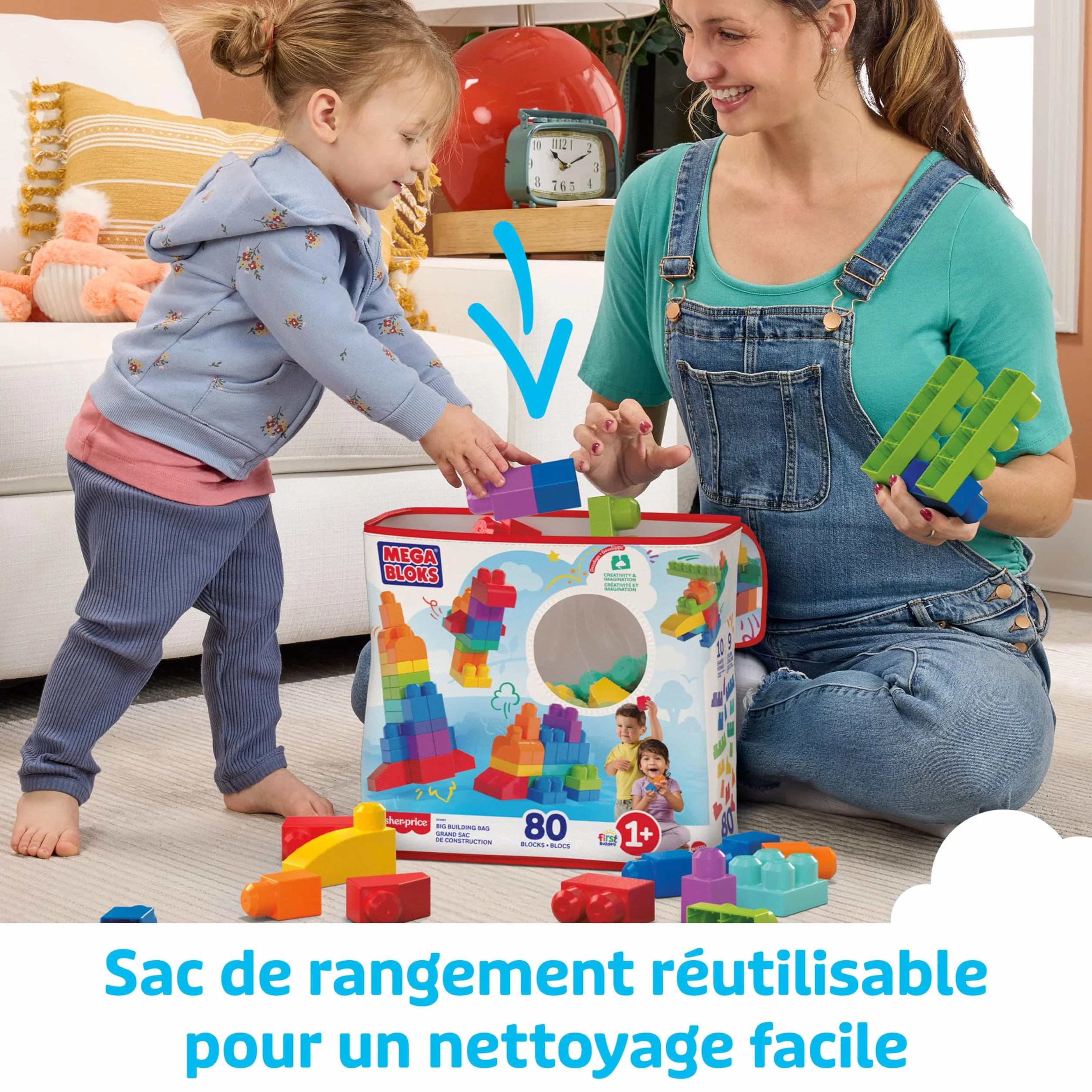 MEGA Bloks Sac bleu jeu de blocs de construction 80 pièces jouet bébé enfant 1-5 ans DCH63
