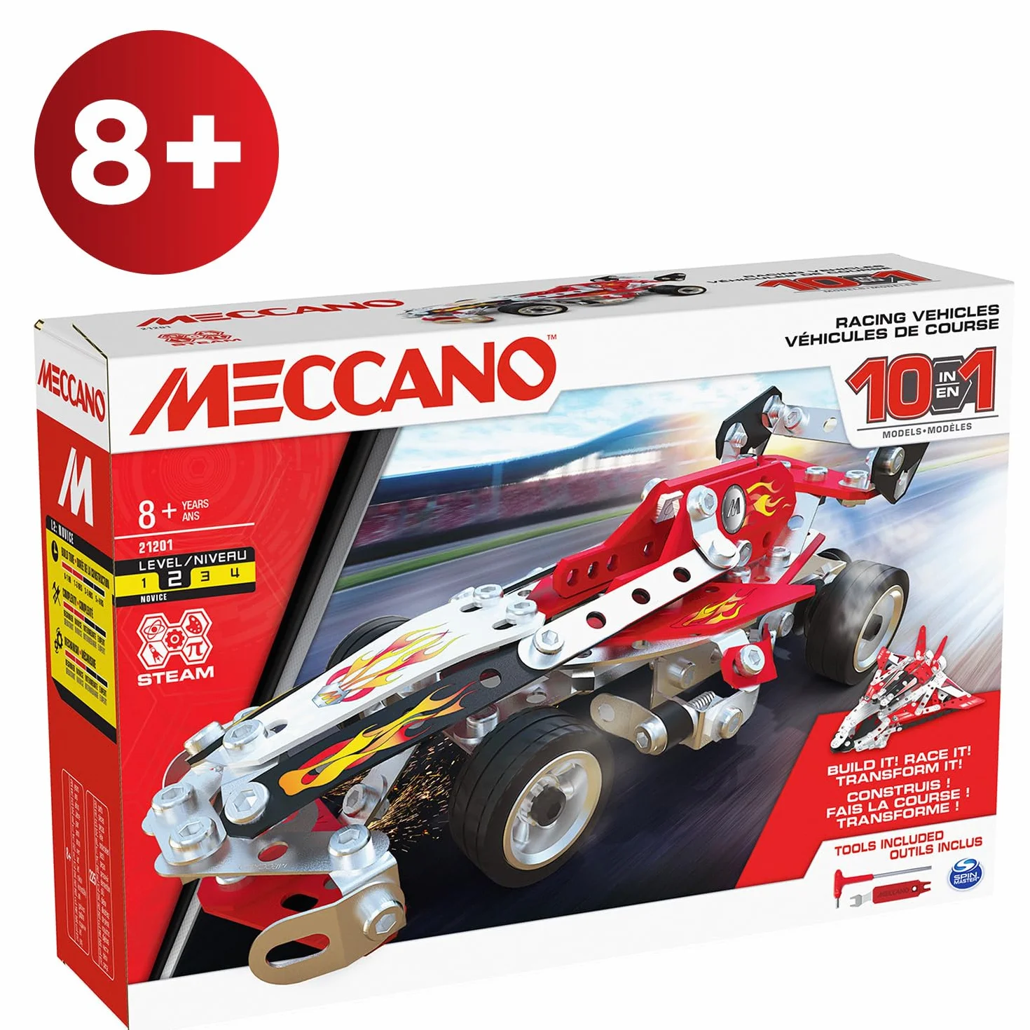 BANDAI Meccano Véhicules de Course 10 en 1 Coffret Construction 225 pièces Jouet Enfant 8 Ans+