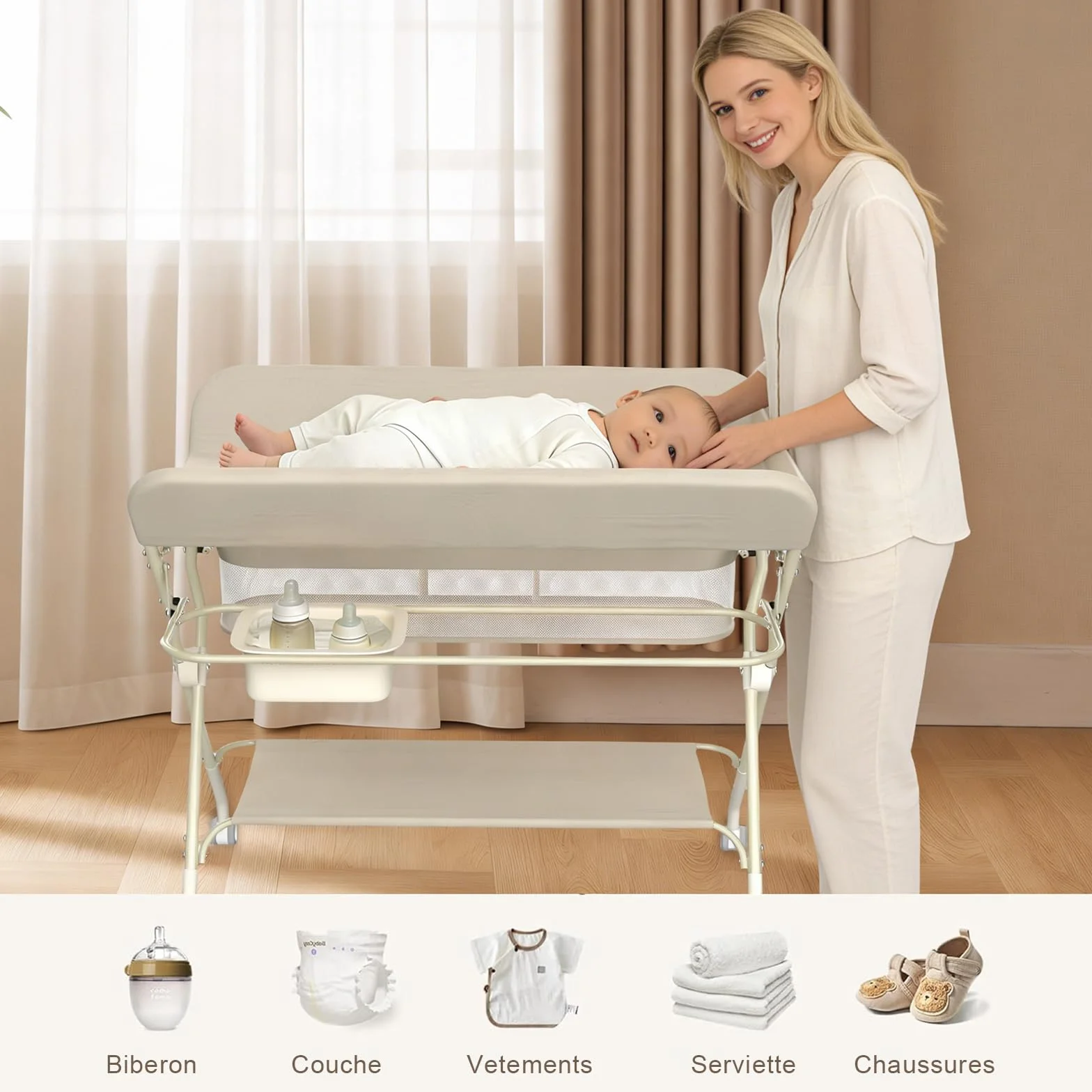 Supfine Table à Langer Pliable avec Panier Latéral, Réglable en Hauteur, Roulettes Verrouillables, Crème
