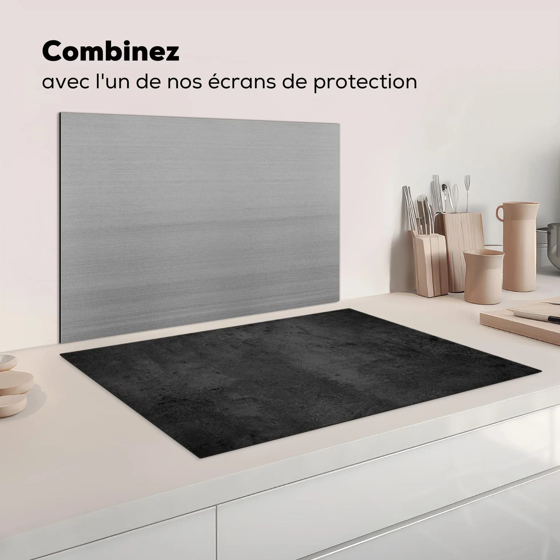 KitchenYeah Protection Plaque Cuisson Cache Induction 80x52 cm Béton Gris Noir