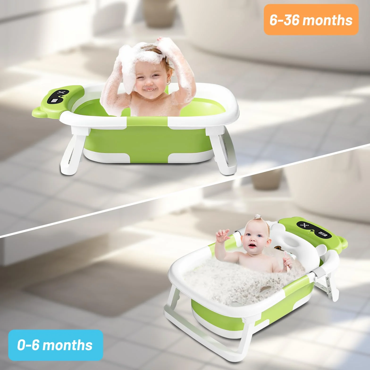 Baignoire Bébé Pliable avec Coussin de Bain et Thermomètre Intégré, Bouchon d'Évacuation, Vert Ours