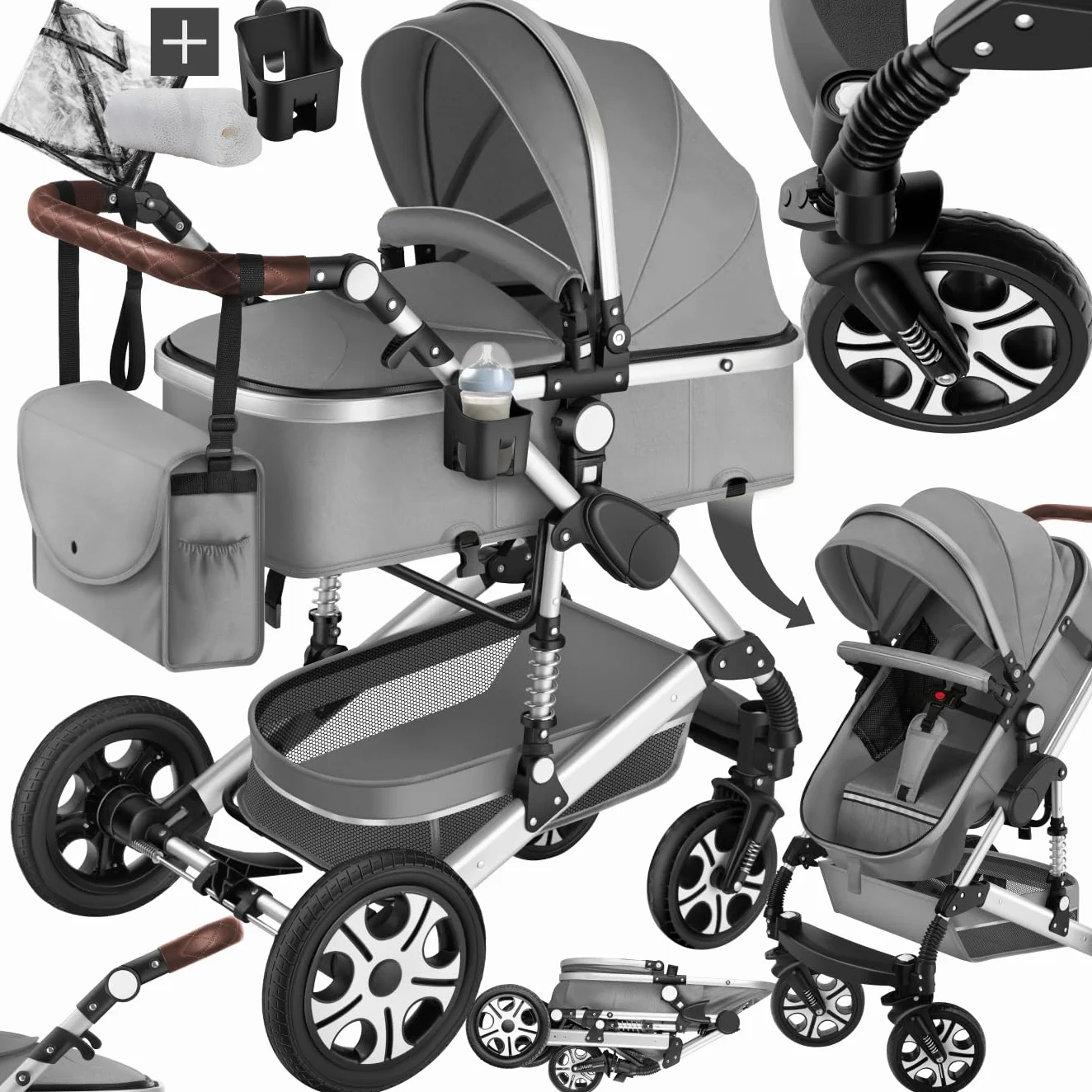 Tectake Poussette combinée pliable 0-36 mois nacelle siège sport harnais 5 points compacte voyage