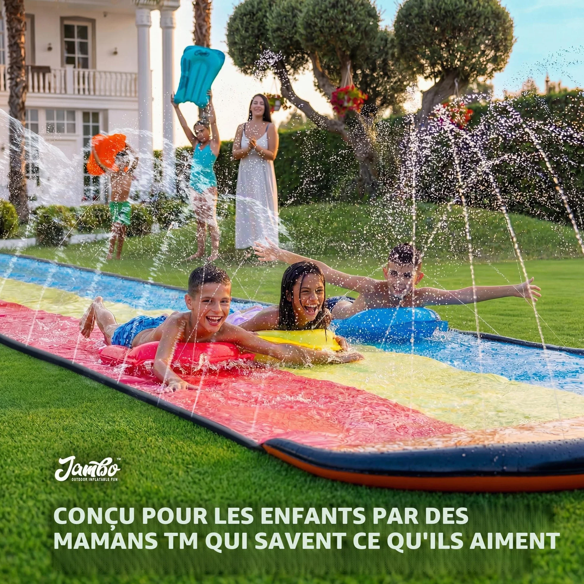 JAMBO Ventriglisse Toboggan Aquatique 610 cm Tapis de Glisse Eau Enfant Triple Piste avec 3 Bodyboards