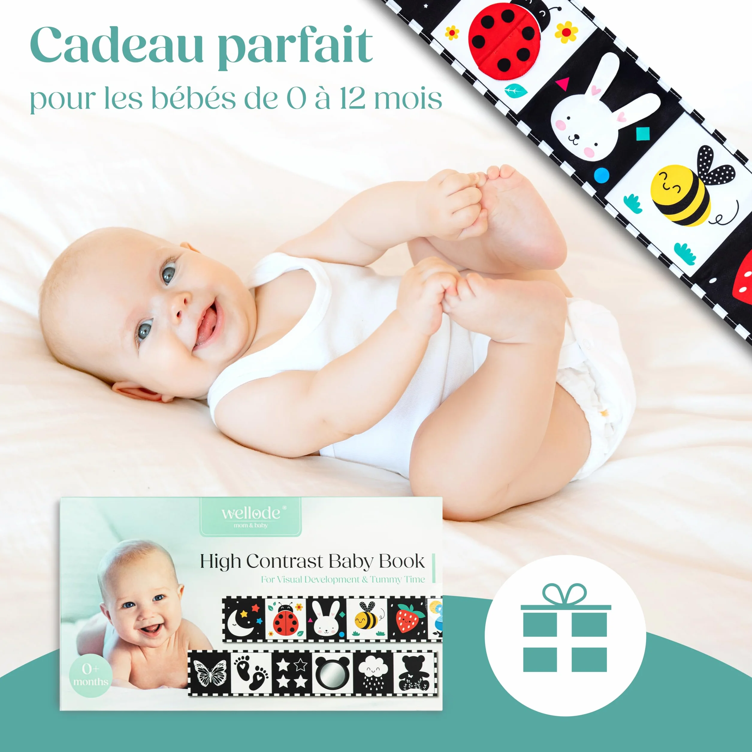 Livre Tissu Bébé Éveil 0-12 Mois Montessori Noir et Blanc Sensoriel Cadeau