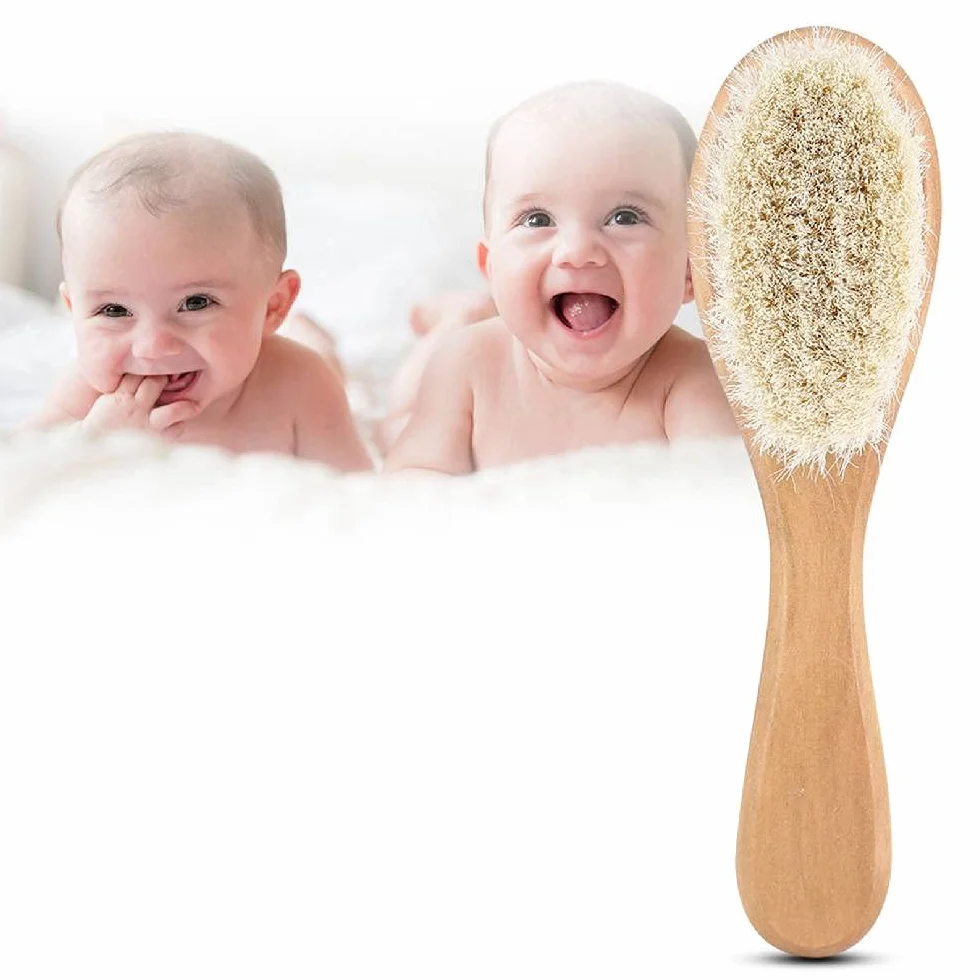 Peigne en cheveux de chèvre doux massage tête bébé manche bois