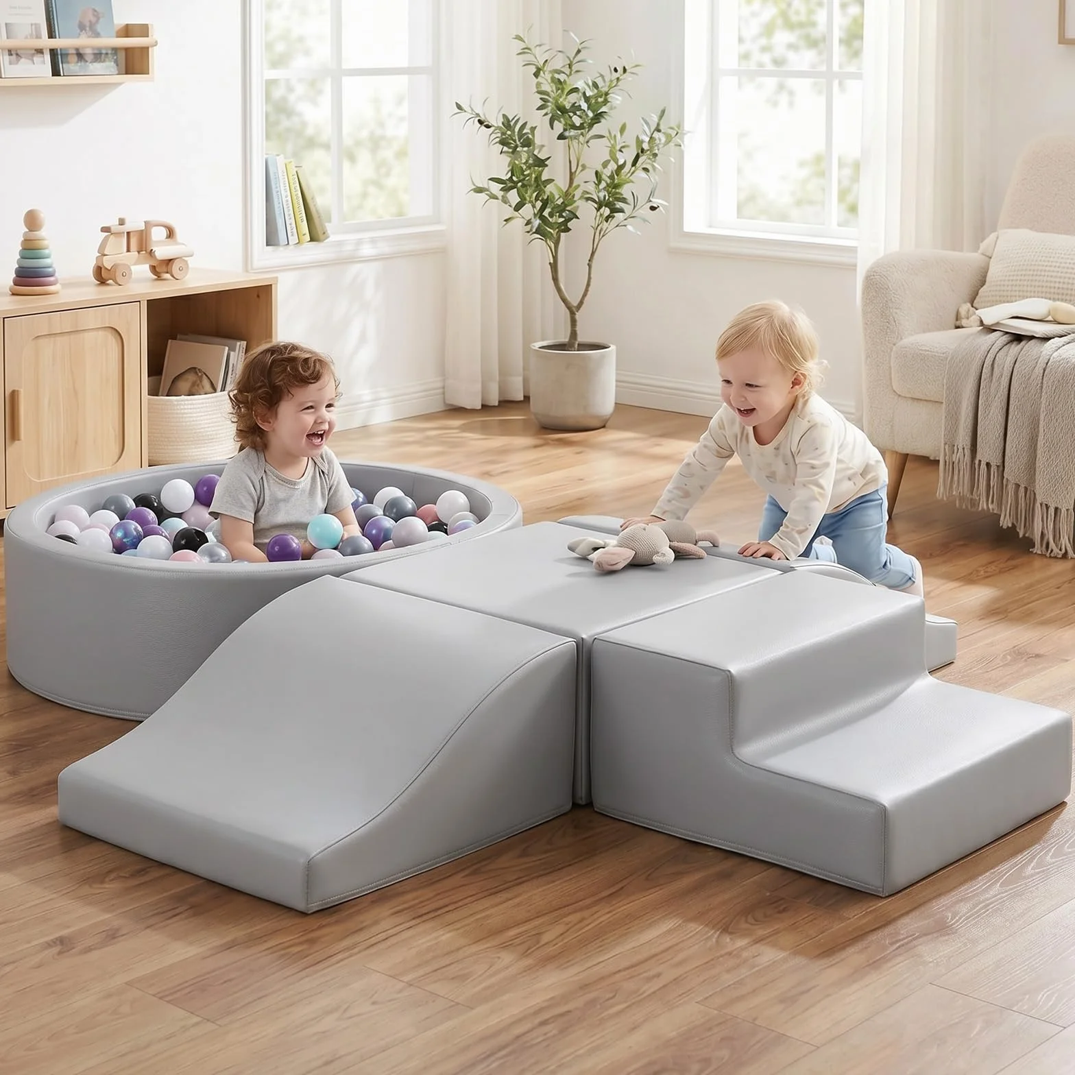 Lot de 5 jouets d'intérieur en cuir synthétique pour bébé avec piscine à balles - Jeu de blocs de construction en mousse - Jouet d'escalade et de ramper