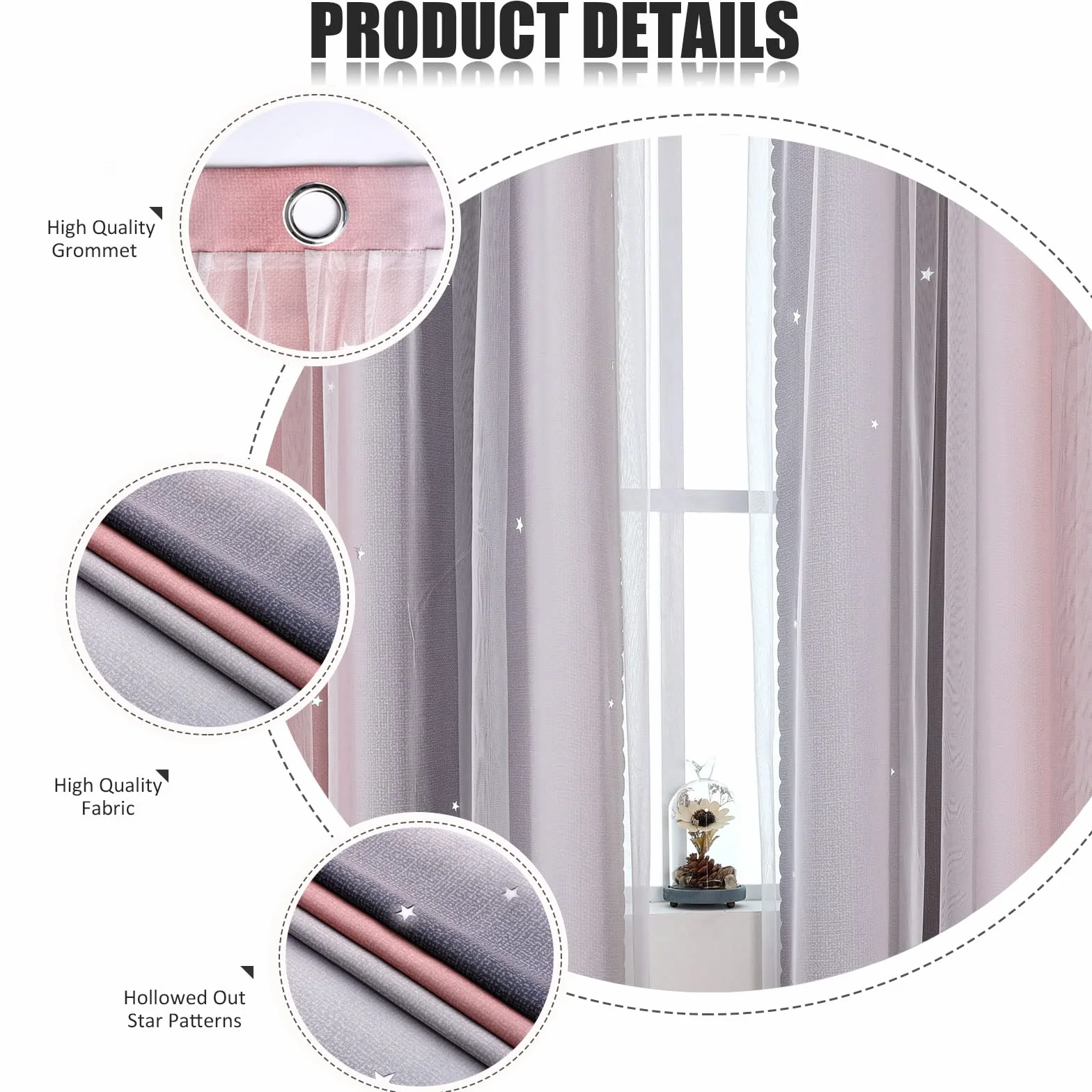 Rideaux Occultants Chambre Fille Double Couches Blanc Voilages Étoile Motif L132 H160 cm Rose Gris Lot de 2