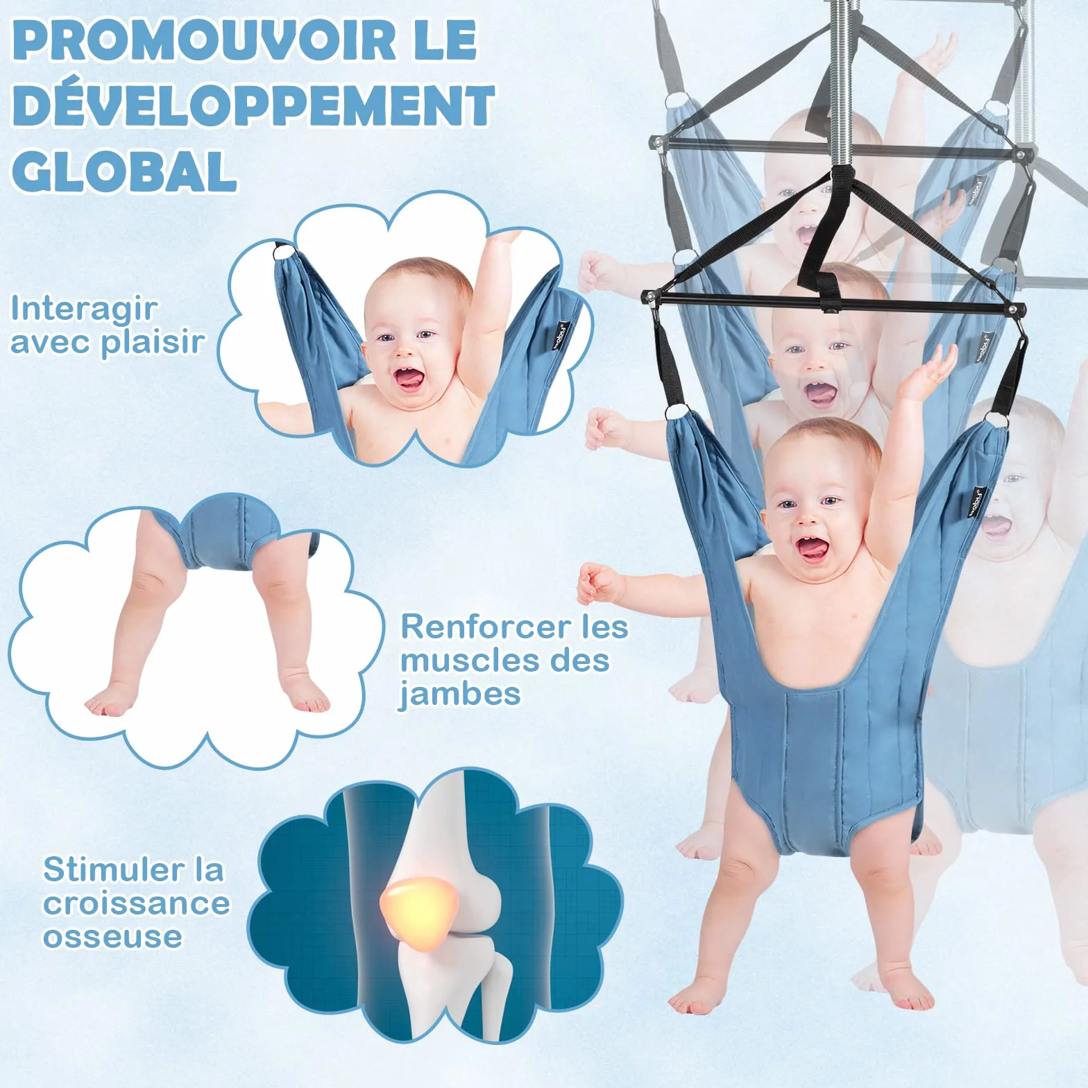 COSTWAY Sauteur de Porte Bébé 6-12 Mois, Siège Suspendu Chaîne Réglable 29-93 cm, Tissu TC Tube Fer, Charge Max 12KG, Bleu