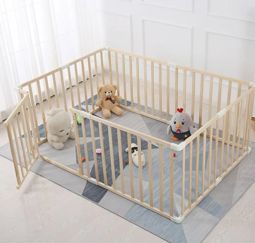 Parc Bébé Modulable en Bois de Pin Massif 120x160/140x140cm - Parc Enfant Non Peint Sécurisé avec Porte